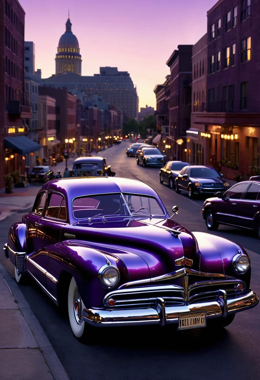 A highly detailed, photorealistic 1948 Tucker car, ultra-detailed, 8k, photorealistic, cinematic composition, atmospheric dusk lighting, metallic wine purple car color, deep shadows, professional lighting and camera, city background, urban environment, reflections, intricate details, gleaming metal, realistic textures