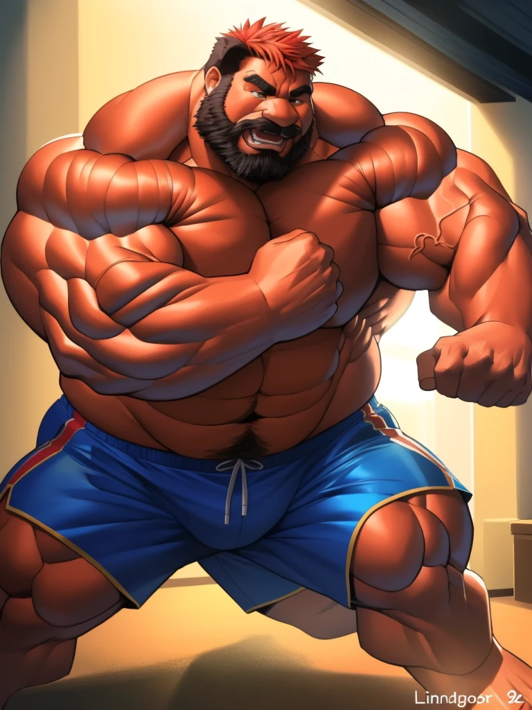 2man, 2boys, duo, huge muscular furry and muscular old man, male focus, muscular, shorts, shirtless, (4k,high quality,high resolution,masterpiece),cartoon,by lindong,(extremely detailed face and body,hyperrealistic rendering,dynamic poses,cinematic lighting,vibrant colors)