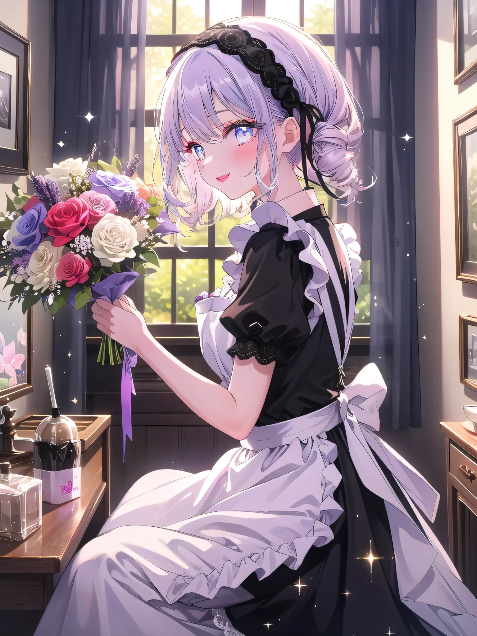 ((8k, Highest quality, masterpiece: 1.3)),Ultra-high resolution,(1 girl, alone), (Color changing eyes, Ultra-detailed, Expressive brilliance, Glitter, Glowing Eyes), Highly detailed eyes, Highly detailed face, Random Hair, ((pastel colour)),A joyful young woman with pastel lavender hair styled into loose curls, sitting at her vanity in her brightly lit bedroom during a late morning. She is dressed in a charming yet subtly sexy French maid cosplay, wearing a classic black and white dress with a frilled apron, and a small lace headband. The camera captures her from a side angle as she smiles while applying lipstick, her expression full of confidence and happiness. The room is filled with natural light, with a few makeup items neatly arranged on the vanity, a small bouquet of flowers, and a soft, elegant atmosphere creating a lively and inviting scene, (nsfw:1.2)