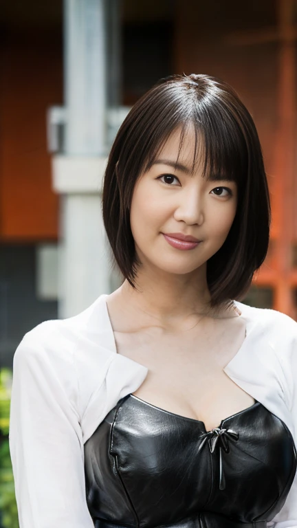最high quality, 8k, Vibrant, Sharp focus, high quality, High resolution, Middle-aged women, Mature Woman, 55 years old, (Whole Body Ezbian), (High heels face detail, Highly detailed eyes, Plump figure、Plump face、((big 1.6))、(((Large Breasts)))、((Black leather clothing))、Busy Street、Random Hairstyles、A kind smile、