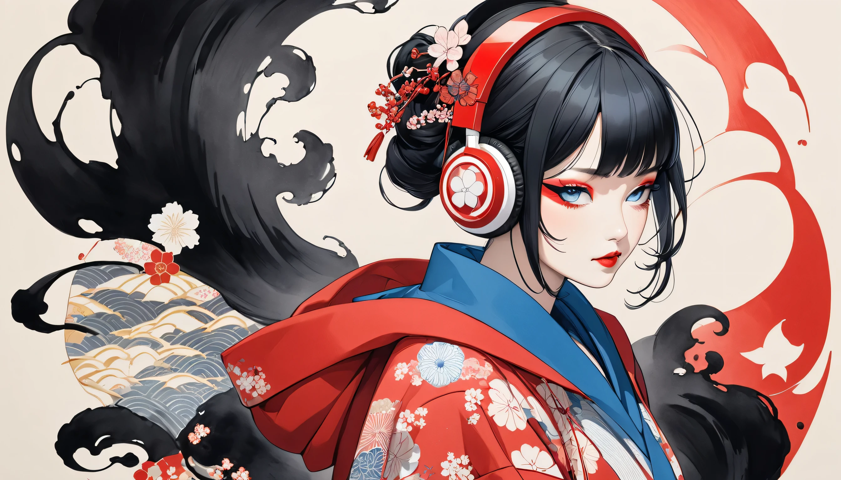 (((1 girl))), (((Flashy makeup))), (((Japanese style headphones))), (((Japanese pattern hoodie))), (((Japanese sword))), (((Female samurai))), Japanese beautiful girl, BIG BREAST, BIG ASS,Black Hair, Delicate and precise, Modern ukiyo-e style, Japanese flag, battle style