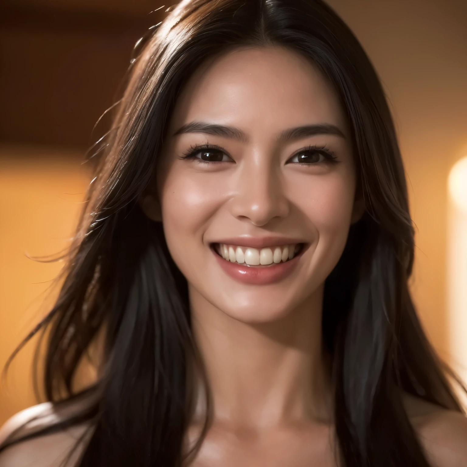 1girl, black hair, brown eyes, grin, long hair, looking at viewer, realistic portrait, smile, solo, teeth, upper body, intricate details, cinematic lighting, warm colors, hyper detailed, (best quality,4k,8k,highres,masterpiece:1.2),ultra-detailed,(realistic,photorealistic,photo-realistic:1.37)