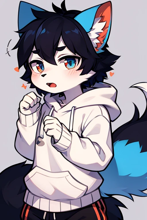 Werewolf，hairy，hairy的，Bust portrait，Colorful pattern white sweatshirt，Black casual pants，White Stripes，Q version，cute，Simple art style，Cartoon Style，Red left eye, blue right eye.，Bicolor pupil，yawn，nervous，Dark blue hair，And ears, Black hair on ear tips，Back has deep blue fur，Tail is deep blue，Sharp white，