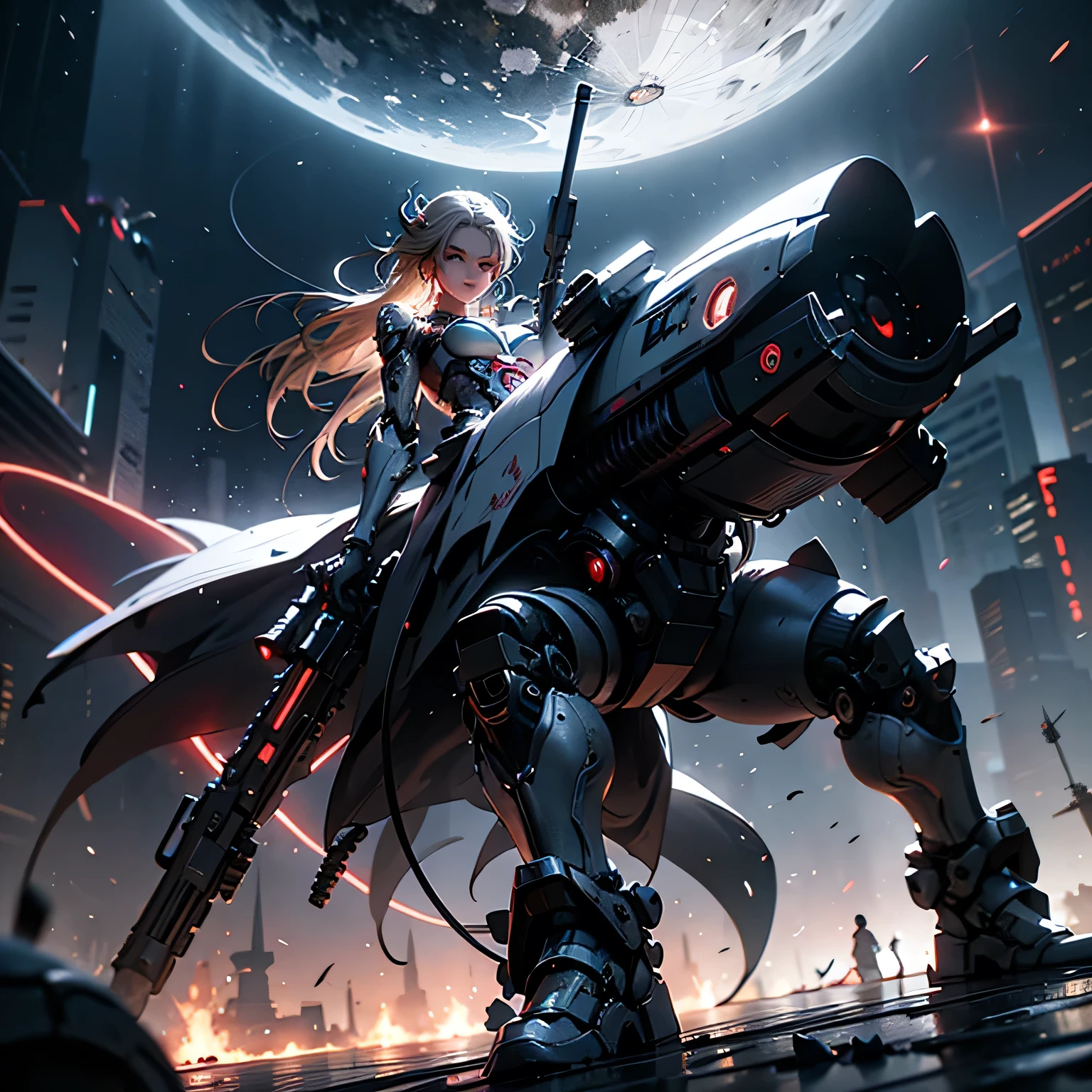 meishaonv, gun, mecha musume, magic circle, detailed cyberpunk cyborg girl,1girl,beautiful detailed eyes,beautiful detailed lips,extremely detailed face,long eyelashes,intricate machinery,chrome metal body parts,glowing neon accents,dramatic battle scene, futuristic cityscape background, hyperrealistic, cinematic composition, dramatic action pose, science fiction,award winning digital art,photorealistic,cinematic lighting,dramatic shadows,highly detailed,8k,masterpiece, Perfect Anatomy、Watching the audience、A confident smile