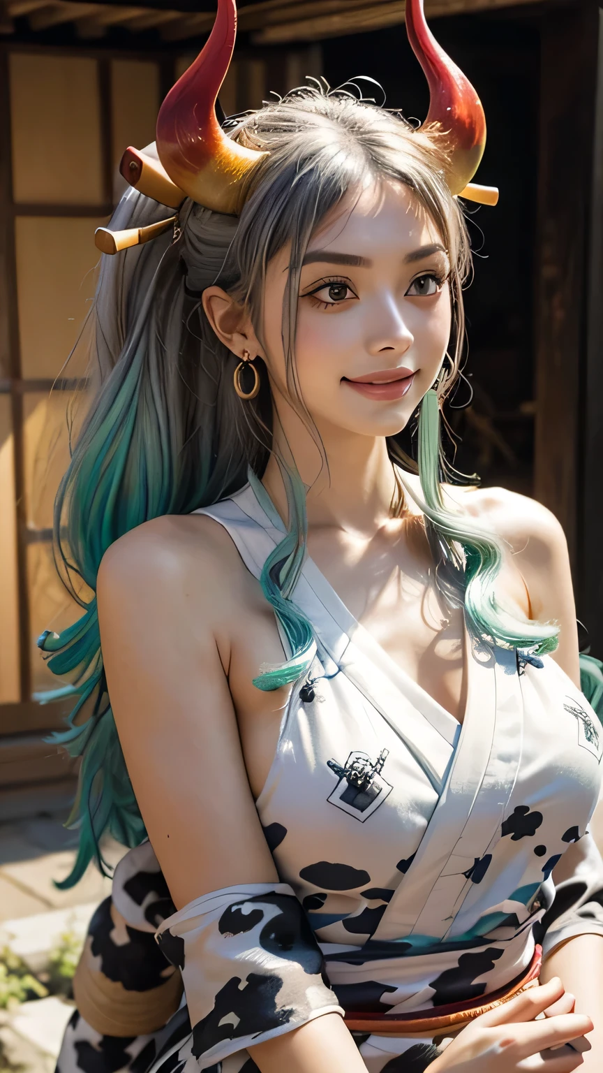 Highest quality, masterpiece, 4K, Absurd resolution, Ultra-high resolution, Very detailed, Detailed eyes, Detailed skin, Detailed Hair, Detailed face, Detailed fabric, Detailed Texture, (One beautiful girl, alone:1.1), Yamato (one piece), (Multicolored Hair, Long Hair, Gray Hair, Aqua Hair, Two-tone hair, High Ponytail, Hairpin, hair ornaments), (Natural mid-bust:1.2), (Side bust:1.2), (Japanese clothing with a rope, rope, No sleeve kimono, Bare arms, kimono, No sleeve, Exposing shoulders, In the same way), (Wrapping angle, Red Corner, multicoloRed Corner, (Cow horn texture:1.2)), (Smile:1.2), Earrings, jewelry, (Big eyes, Brown eyes), clavicle, Cowboy Shot, V-shaped eyebrows, ((Hourglass Shape)), Sexy pose, ((Browsing Caution))