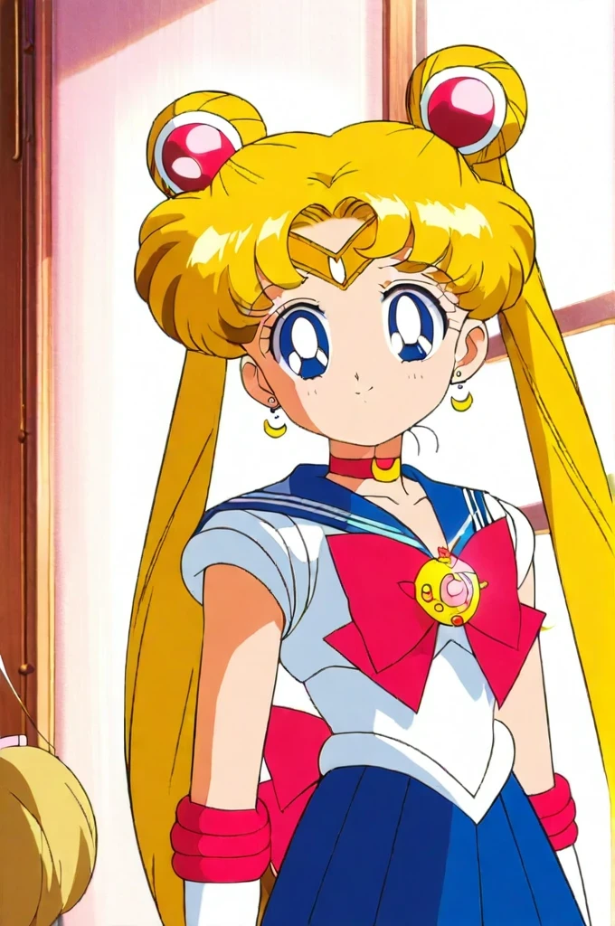 score_9, score_8_up, score_7_up, score_6_up, score_5_up, score_4_up, source_anime, (masterpiece:1.3),(highest quality:1.4),(Super detailed:1.5),8k,High resolution,an extremely delicate and beautiful,Official Art,Perfect Anatomy,(anime_screencap:1.11),(90s anime,90s anime style,Cel-shaded anime:1.47),anime coloring,(1girl:1.5), ((very young child:1.52)),((:1.5)),
((aausagi:1.52)), long hair, double bun, twintails, parted bangs, tiara, earrings, blue eyes, red choker, blue sailor collar, red bow, white shirt, elbow gloves, white gloves, blue skirt,smile,