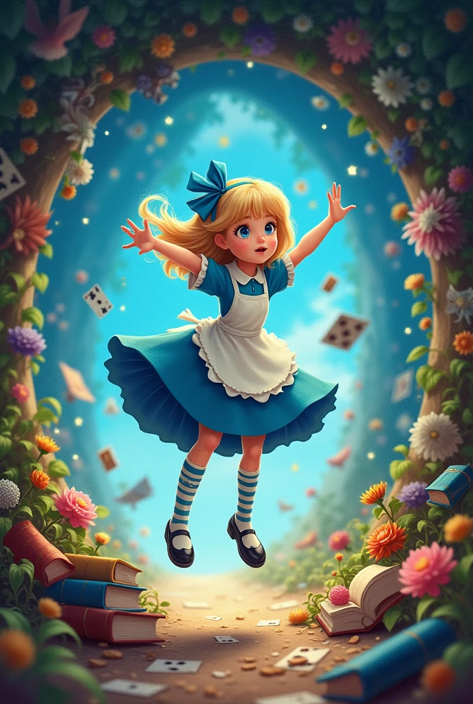 A movie poster, with a blue-eyed blonde,wearing a blue dress and a white apron,long striped socks, shoes black, and a blue ribbon in her hair, falling through an earth tunnel, with some flowers, Objects, books and playing cards 