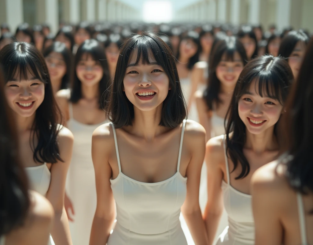 (Perfect Clone girls Raw Photography Art), (16K, Highest quality, Ultra-high resolution, Unrealistic, Unparalleled scale, A world of cloned girls multiplying, Real), (Japanese Girls, 26-year-old), (((((Small face, (((((Thick black hair, Semi-long hair)))))))))), ((Very beautiful detailed girls, Accurate body structure, Very detailed body, (((((Big Breasts, J-Cup))))), ((Emphasis on the fullness of a large chest)), (((White chest-emphasizing one-piece dress))), ((Dark Eyes, Baby Face, Cute Smile, A gentle gaze)), (((((Happy laughter))))), (((((Very detailed, 1girl-1,000,000cloning))))), (((100girls), (6+girls), multiple girls))), (((((Very detailed depiction of the other self, Perfectly the same girl, The exact same smile, Perfect same hair, Perfect same clothes, Exactly the same height, Perfect same J-cup))))), (((((clone girls only))))), ((10,000clone girls)), ((1,000,000clone girls)), ((1,000,000,000clone girls)), ((Go down the stairs, Walking towards the front, Variation, Have fun and smile, Laughing, While talking, pass by)), ((1,000,000,000,000,000,000clone girls)), ((1,000,000,000,000,000,000,000,000,000clone girls)), ((The sight of the ultimate super-crowded, Abnormal extreme crowding, Very extremely crowded)), (Soft Light, super wide view, (((((Extremely detailed and clear ultra-telephoto depiction)))))), (((Subject depth extremely shallow)))