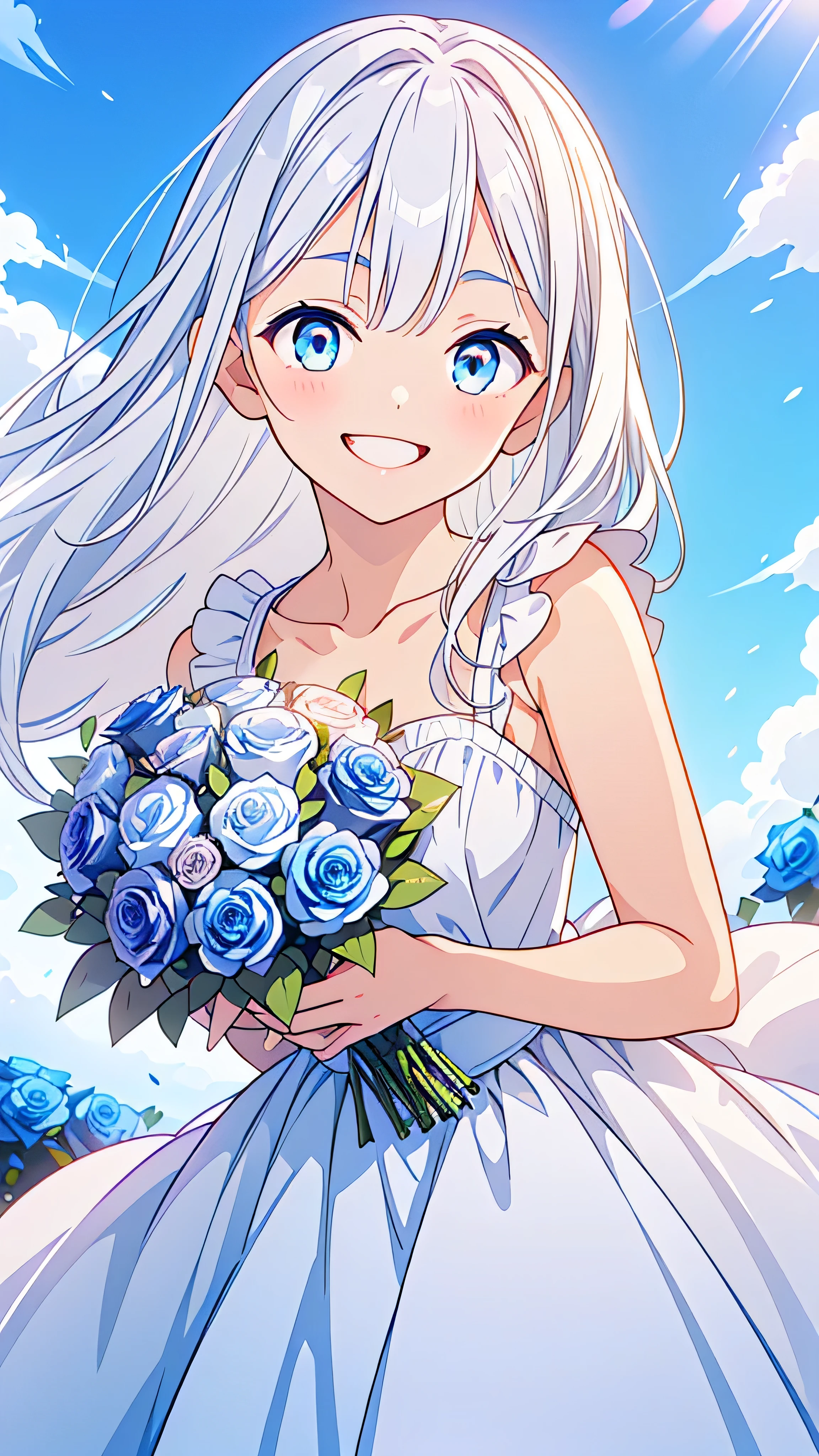 Highest quality, 32K, High resolution, masterpiece:1.5, Cute Japanese, An exceptionally beautiful face, Small Face Beauty, Perfect Human Anatomy, Magical big eyes, ((Happy smile:1.5)), ((Beautiful, shining platinum white hair:1.1)), Super Long Straight Silk Hair, Flower Hair Ornaments, Asymmetrical bangs, Hair between the eyes, Transparency, Soft white skin, Sharp eyebrows, Thin lashes, Natural Makeup, Pale pink lips, ((White Dress:1.2)), ((Holding a bouquet of blue roses in both hands:1.2)), Beautiful chest, Slim figure and ample breasts, ((Detailed blue sky background:1.3)), Bright sunlight, Backlight, mysterious