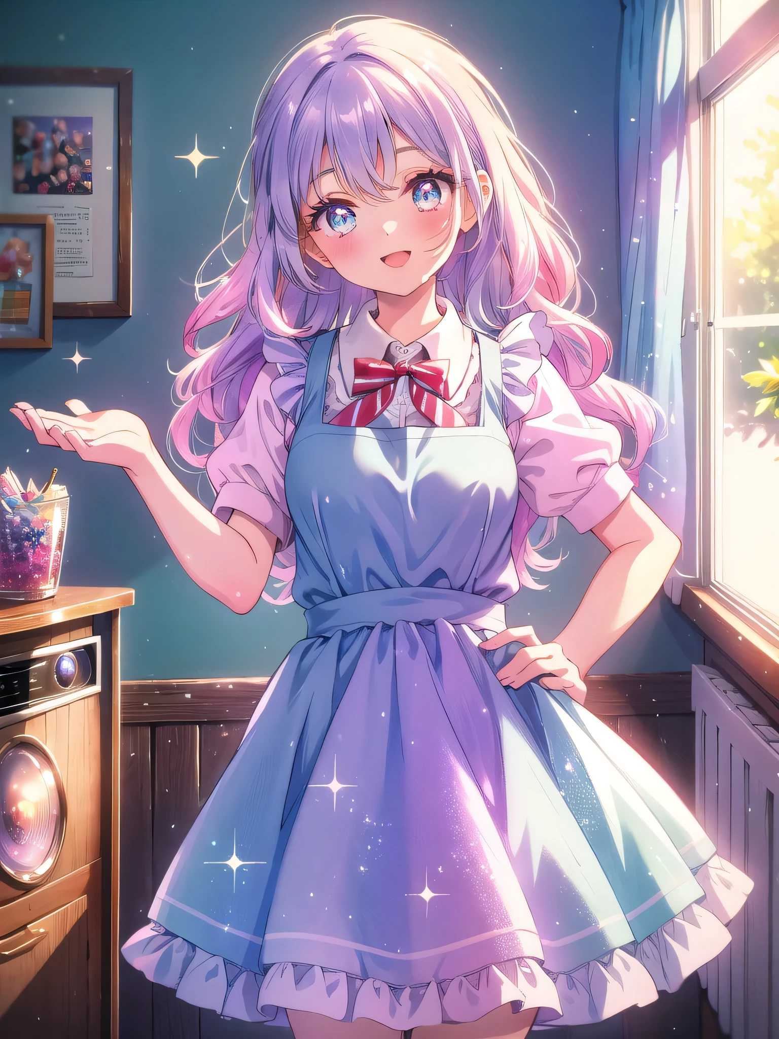 ((8k, Highest quality, masterpiece: 1.3)),Ultra-high resolution,(1 girl, alone), (Color changing eyes, Ultra-detailed, Expressive brilliance, Glitter, Glowing Eyes), Highly detailed eyes, Highly detailed face, Random Hair, ((pastel colour)),A joyful young woman with pastel lavender hair styled into loose waves, standing near her closet in her brightly lit bedroom during a sunny morning. She is dressed in a sweet yet subtly sexy retro diner waitress cosplay, wearing a pastel-colored dress with a white apron and a small name tag pinned to her chest. The camera captures her from a slightly elevated angle as she strikes a playful pose with one hand on her hip, her expression full of cheerfulness and fun. The room is bathed in natural sunlight, with a few vintage posters on the wall, a small jukebox on a table, and a nostalgic, lively atmosphere, (nsfw:1.2)