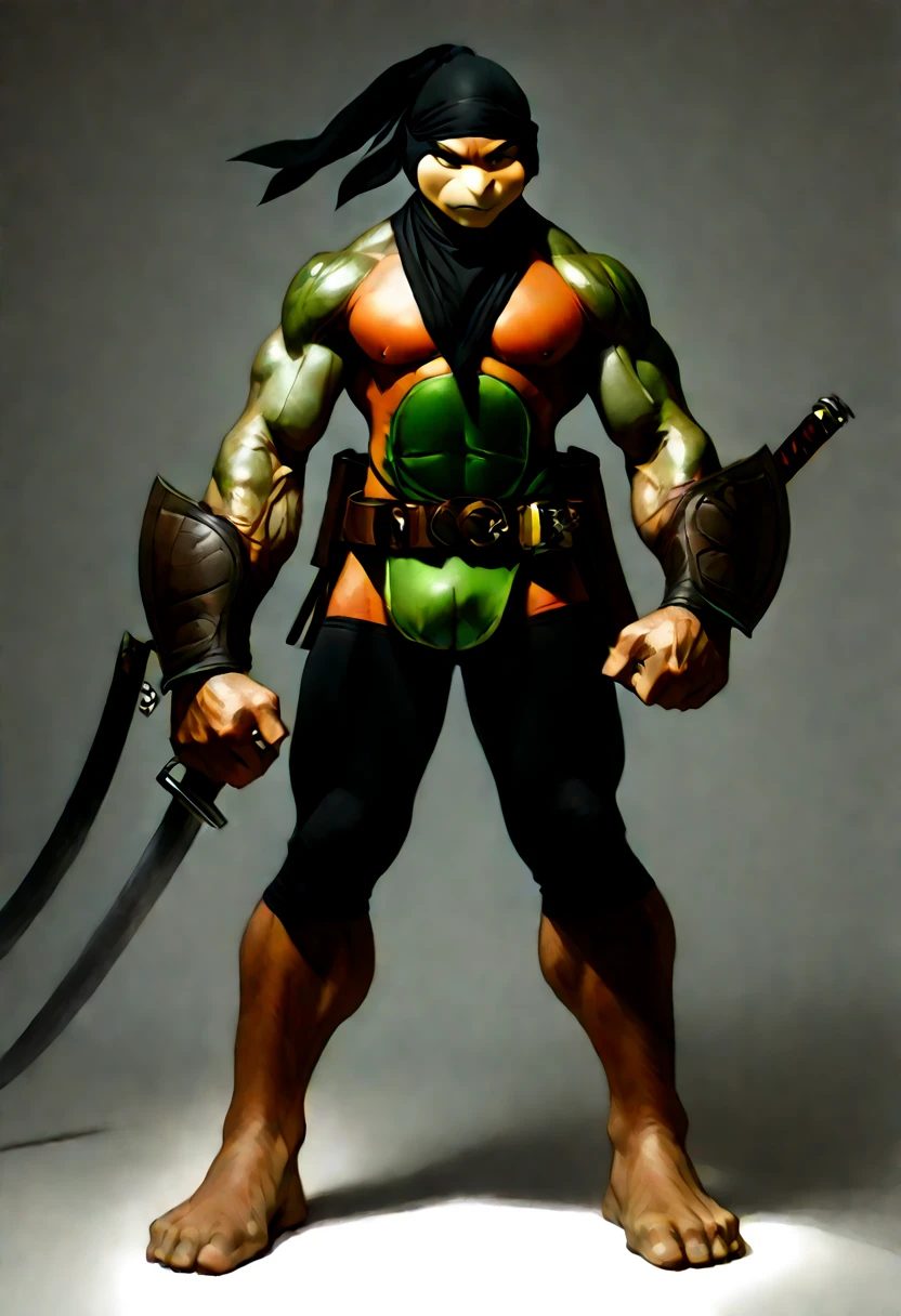 Michelangelo,a teenage mutant ninja turtles,ronin,buff,muscular,big neck,green darker skin,black bandanna,mutant,bald,equipped with ninja’s weapons,cool expressions,ninja outfit,full body,a powerful physique, inspired by the style of Frank Miller, 80’s comics, masterfully rendered with exceptional detail and realism, vivid colors, and dramatic lighting.