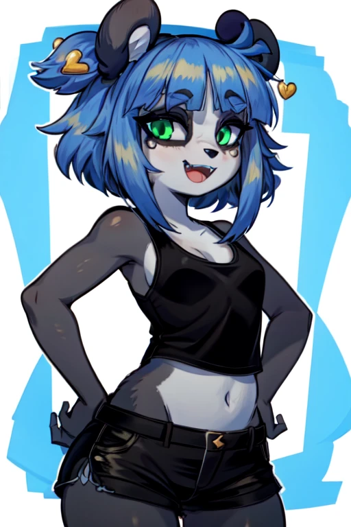 furry, (black and white fur), 1girl, animal nose, gold hearts, eye makeup, Nuwa Nightstone, green eyes, blue hair, (panda girl), panda ears, panda tail,  black tank top, black shorts, hands on hips, :D, fangs