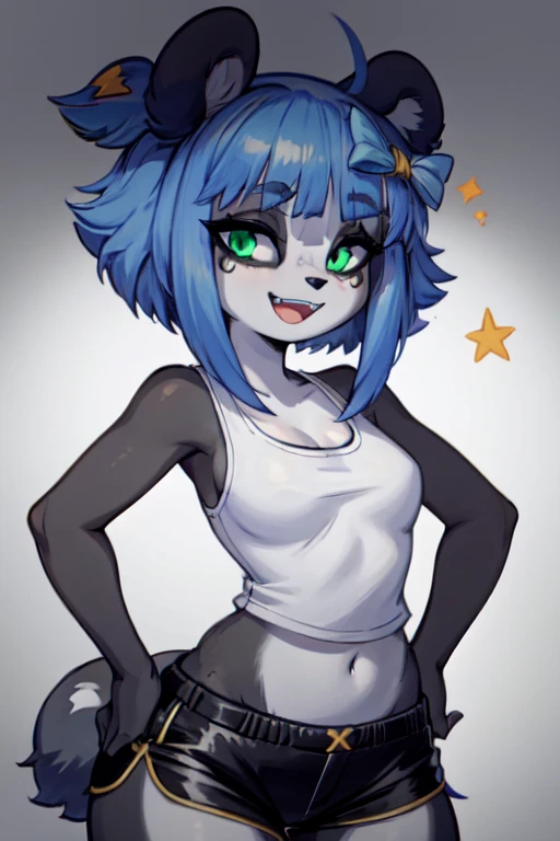 furry, (black and white fur), 1girl, animal nose, gold hearts, eye makeup, Nuwa Nightstone, green eyes, blue hair, (panda girl), panda ears, panda tail,  black tank top, black shorts, hands on hips, :D, fangs