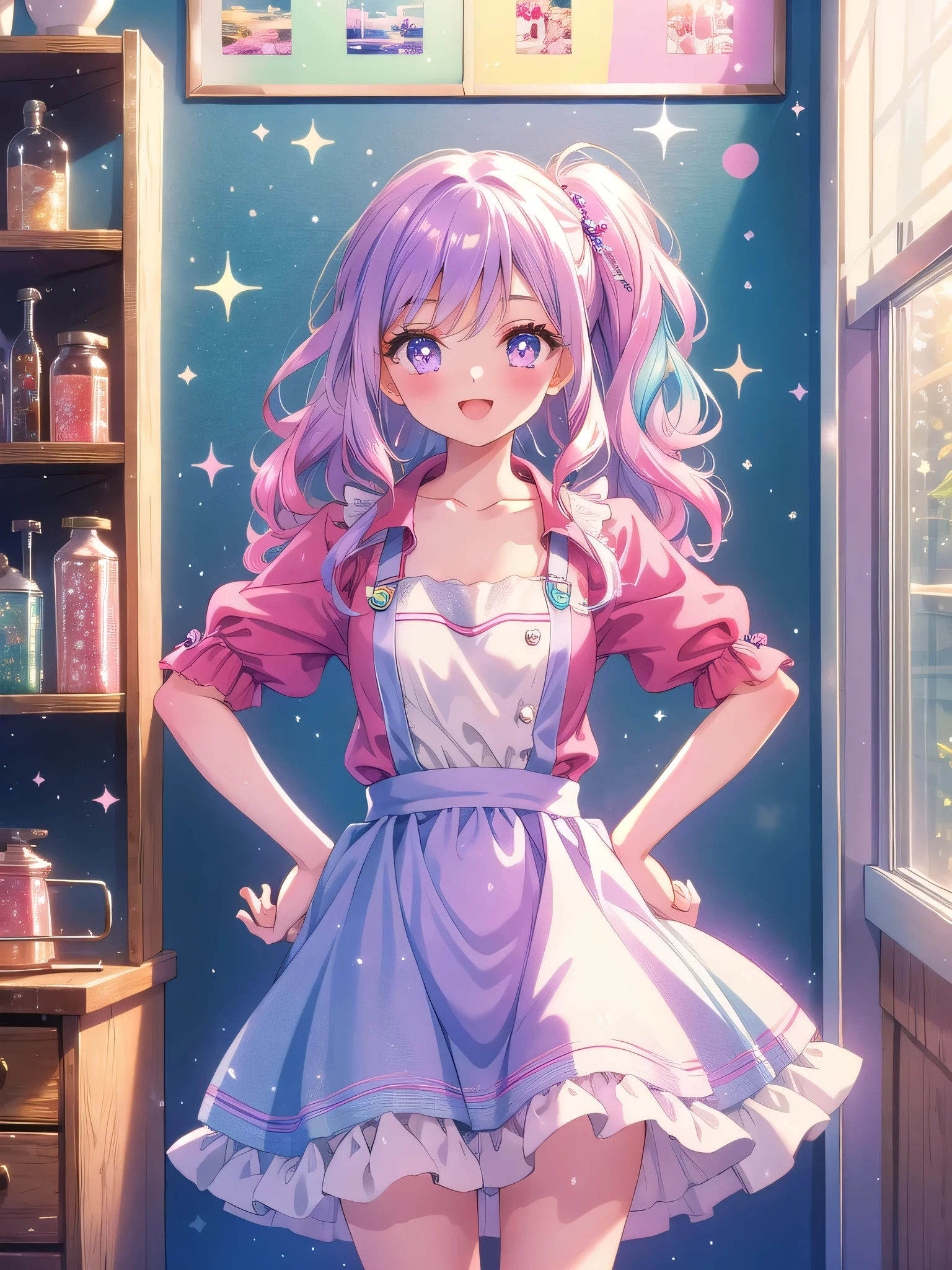 ((8k, Highest quality, masterpiece: 1.3)),Ultra-high resolution,(1 girl, alone), (Color changing eyes, Ultra-detailed, Expressive brilliance, Glitter, Glowing Eyes), Highly detailed eyes, Highly detailed face, Random Hair, ((pastel colour)),A joyful young woman with pastel lavender hair styled into loose waves, standing near her closet in her brightly lit bedroom during a sunny morning. She is dressed in a sweet yet subtly sexy retro diner waitress cosplay, wearing a pastel-colored dress with a white apron and a small name tag pinned to her chest. The camera captures her from a slightly elevated angle as she strikes a playful pose with one hand on her hip, her expression full of cheerfulness and fun. The room is bathed in natural sunlight, with a few vintage posters on the wall, a small jukebox on a table, and a nostalgic, lively atmosphere, (nsfw:1.2)
