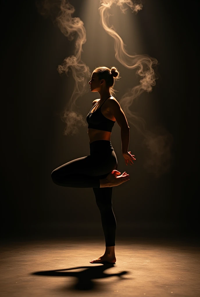 Caught in a moment of stillness, the dancer holds a pose that showcases her strength and flexibility. The studio's void black wall and rising smoke enhance the scene's dramatic effect. Warm lighting highlights her silhouette, creating a striking contrast. Her black clothing and natural bun hair are depicted with high detail. The focus remains on her poised form, with the ethereal smoke subtly receding into the background. The atmosphere is intense, capturing a moment of pure skill and control. Realistic and highly detailed shot of a solo dancer with natural bun hair in a black tank top and leggings, captured in HDR and UHD in a studio with a void black wall and immersive smoke effects.