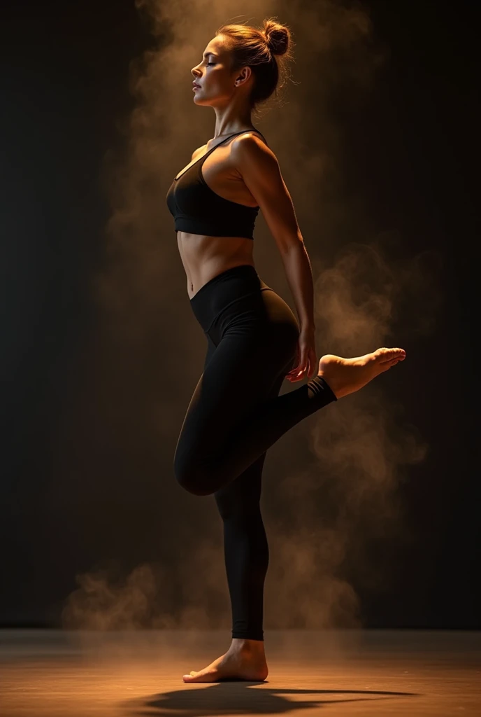 The dancer executes a perfect pirouette, her natural bun hair staying neatly in place. She wears a black tank top and leggings, her form blending into the void black wall. Surrounding smoke effects add depth and mystery. The lighting picks up the sheen on her skin and the smoothness of her attire, creating vivid highlights. The focus is on her spinning figure, with the background blurred by motion. The scene conveys balance and poise, epitomizing Jennifer Lopez's signature style. Realistic and highly detailed shot of a solo dancer with natural bun hair in a black tank top and leggings, captured in HDR and UHD in a studio with a void black wall and immersive smoke effects.