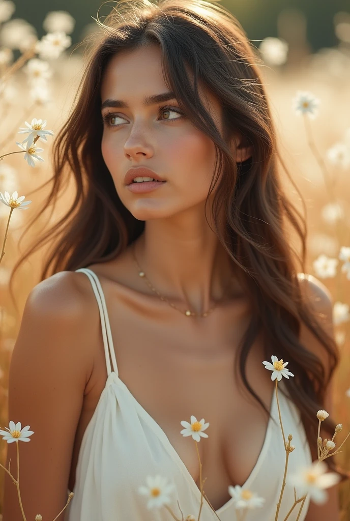 cinematic photo woman, 3/4 shot, with gorgeous eyes and skin, smiling, long brunette hair with blonde highlights looks away from the viewer surrounded by white aprikot flowers BREAK white spaghetti strap dress . 35mm photograph, film, bokeh, professional, 4k, highly detailed
