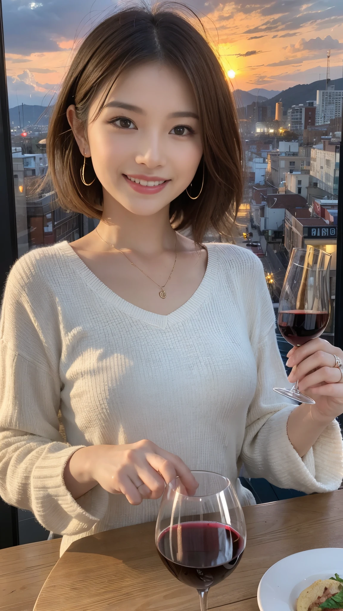 (Realistic:1.1),(masterpiece,Highest quality),8k,(49 years old), 53 years old, ベリーslimボディ、slimカップル、Tight waist,Upper Body,full-course dinner、wine 、Amazing view of the sunset sky and clouds、Perfect Anatomy, Brown Hair, short hair,Random Hairstyles,((Highly detailed face and eyes:1.2)),Perfect golden ratio face,Long sleeve shirt、dress,(smile:1.2)、Shortcuts、cute、(Realistic, Intricate details:1.2), A bright smile、short hair,Bright Face、赤wine 、Appetizers、Italian food、wine bottle、Champagne、スパークリングwine、(slimな顔), (The body is slim), (Brown Hair), (Shortcuts), Upper Body, 白wine, slim, wineグラス,