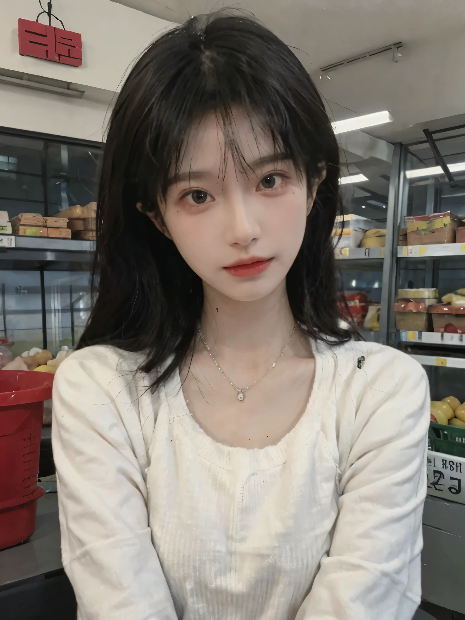 Best quality，Ultra-high resolution,(Realism:1.4)，Cute hairpins，girll,Cropped black sweater，Look directly at the audience，Full of atmosphere，Beautiful woman with a slim figure:1.4，supermarket，whole body，Super delicate face，Exquisite eyes，Double eyelids，necklace