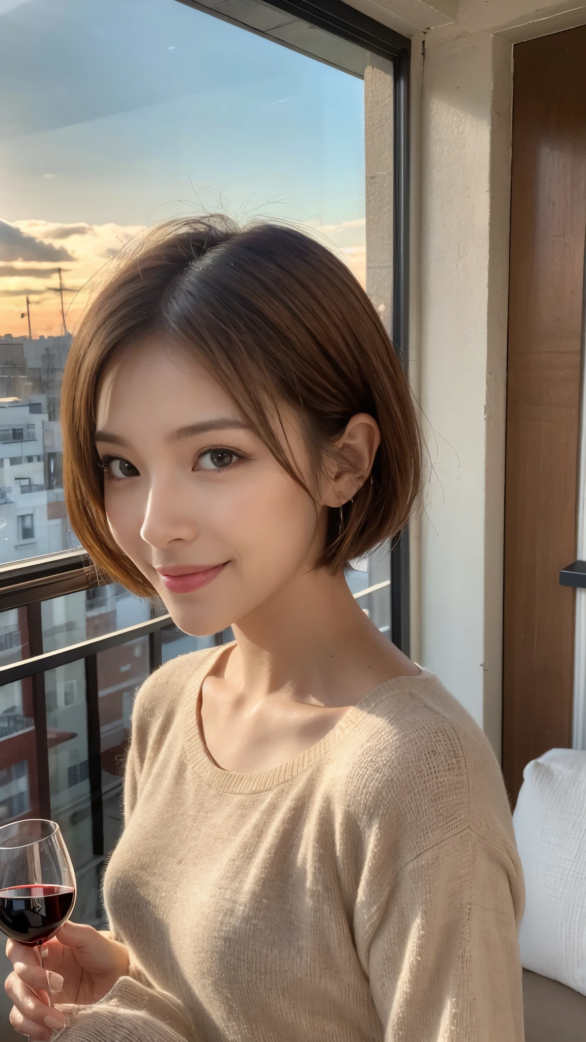 (Realistic:1.1),(masterpiece,Highest quality),8k,(49 years old), 53 years old, ベリーslimボディ、slimカップル、Tight waist,Upper Body,full-course dinner、wine 、Amazing view of the sunset sky and clouds、Perfect Anatomy, Brown Hair, short hair,Random Hairstyles,((Highly detailed face and eyes:1.2)),Perfect golden ratio face,Long sleeve shirt、dress,(smile:1.hortcuts、cute、(Realistic, Intricate details:1.2), A bright smile、short hair,Bright Face、赤wine 、Appetizers、Italian food、wine bottle、Champagne、スパークリングwine、(slimな顔), (The body is slim), (Brown Hair), (Shortcuts), Upper Body, 白wine, slim, wineグラス,