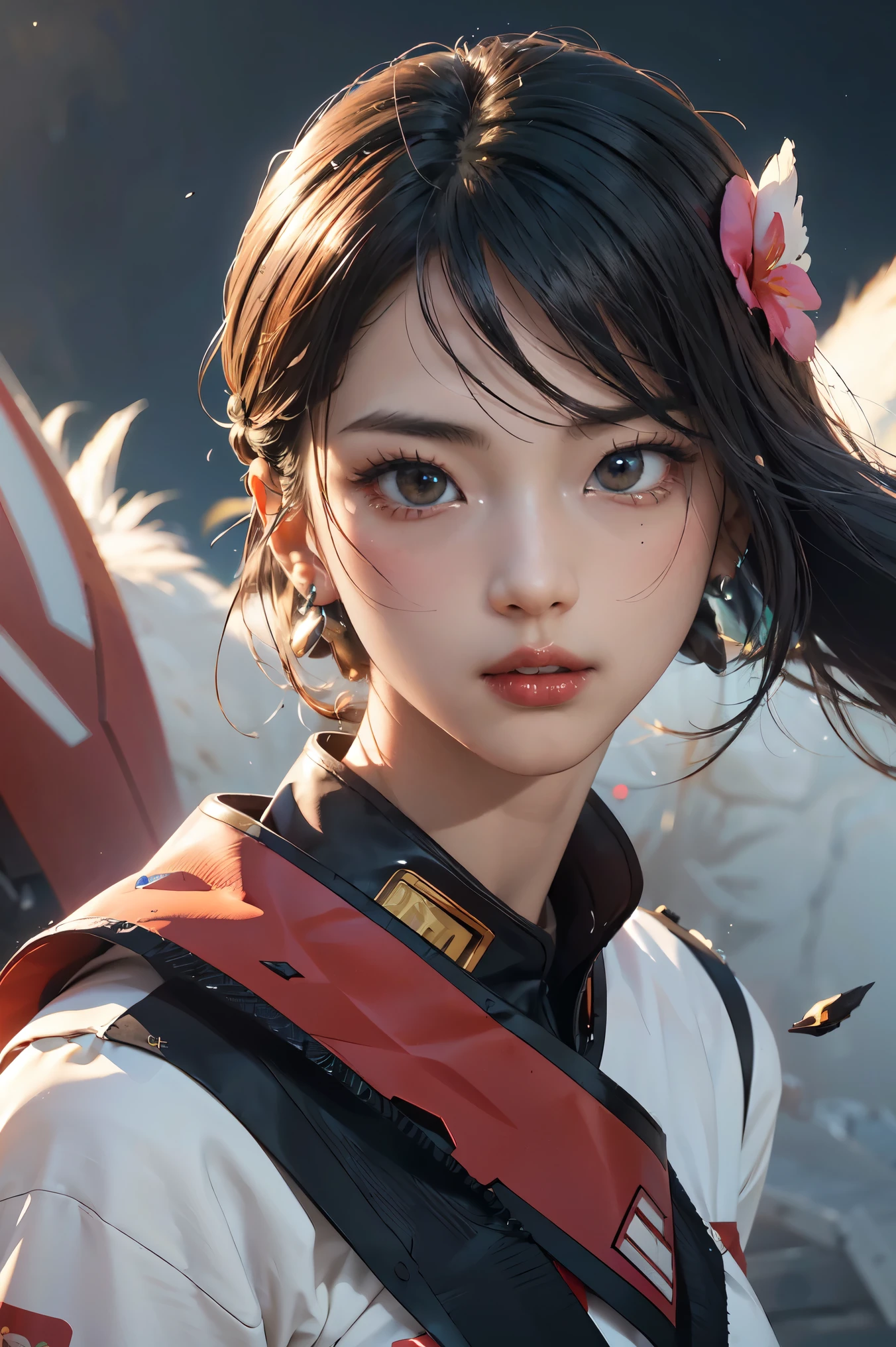 ((Red and蓝 mech girl))National wind circle,Flying nine-tailed fat skull flame ethereal toad star,Golden-black damask white rabbit fur bra,Fuchsia pink diamonds, Tulle burgundy diamond shin guard,CG ,Light orange full set of thick mechs,Giant,, Realistic secret girl rendering, detailed face of a asian girl, Reality in the secret world, Smooth CG art, Realistic. Cheng Yi, Realistic secret style, A lovely secret rendering, 8K portrait rendering, Render character art 8 K, Kawaii realistic portrait,Golden-black damask white rabbit fur bra,Fuchsia pink diamonds, Tulle burgundy diamond shin guard((ultra real detailed.mecha-girl)Mink cotton suit mech,Bright blue and white feathers gold silk shoulder pads,Shi Zhonghu Huhu female Taoist priest,Tailfire,Tattooed with,Genius ratio,Silicone texture,Short bright purple hair,3D modeling,4K,8K,16K smooth (Masterpiece, Top quality, Best quality, offcial art, Beauty and aesthetics: 1.2), Very detailed, Colorful, Most detailed, branches,mecha-girl, (Mards)mecha-girl(canyons), (Linen future mech girl), Angry fighting stance, looking at the ground, Batik linen bandana, Crane pattern long sleeve garment,Mecha Maiden Canyon(Abstract propylene splash:1.2), Dark clouds lightning background,Sprinkle with golden mech girl powder(realisticlying:1.4),Black color hair,Flour fluttering,rainbow background, A high resolution, the detail, RAW photogr, Sharp Re, Nikon D850 Film Stock Photo by Jefferies Lee 4 Kodak Portra 400 Camera F1.6 shots, Rich colors, ultra-realistic vivid textures, Dramatic lighting, Unreal Engine Art Station Trend, cinestir 800,Flowing black hair,(((Red and white mech girl))),Front view,Pure transparency,Wear boxing gloves,Ice is permeable to gas,Film light and shadow,Panorama ultra-wide angle,extremely happy,The texture of the real person is delicate,Strong visual impact,Hyper-detailing,Dream girl,Refined face,prettyeyes,high saturated,Wear reflective sunglasses with a thick gold thread,crystal-clear,Good interpersonal s