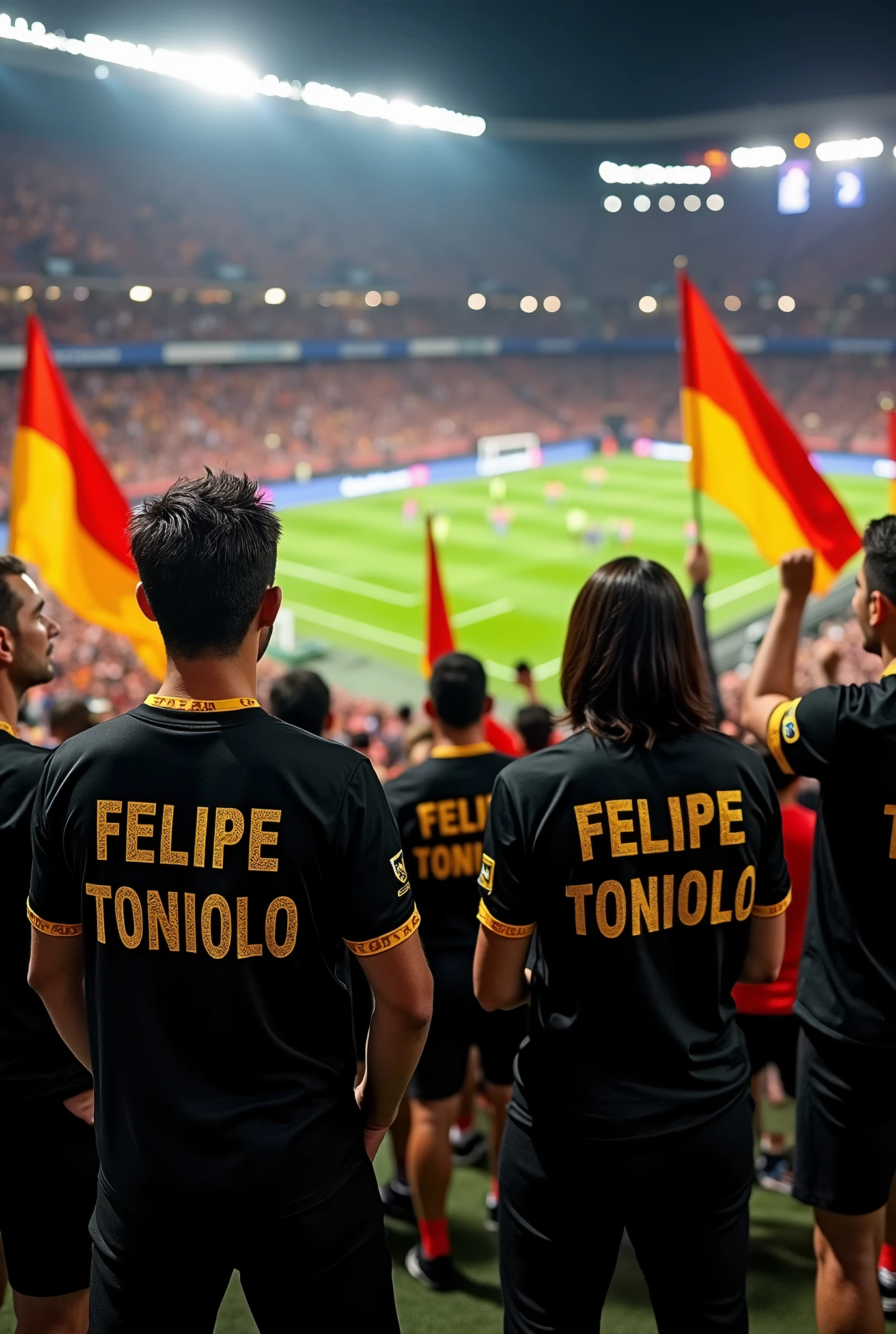 Create a football fan club with black uniform and gold details. Add banners with the words FELIPE TONIOLO. Display flags with the name of the club president VISCA EL BARÇA FC