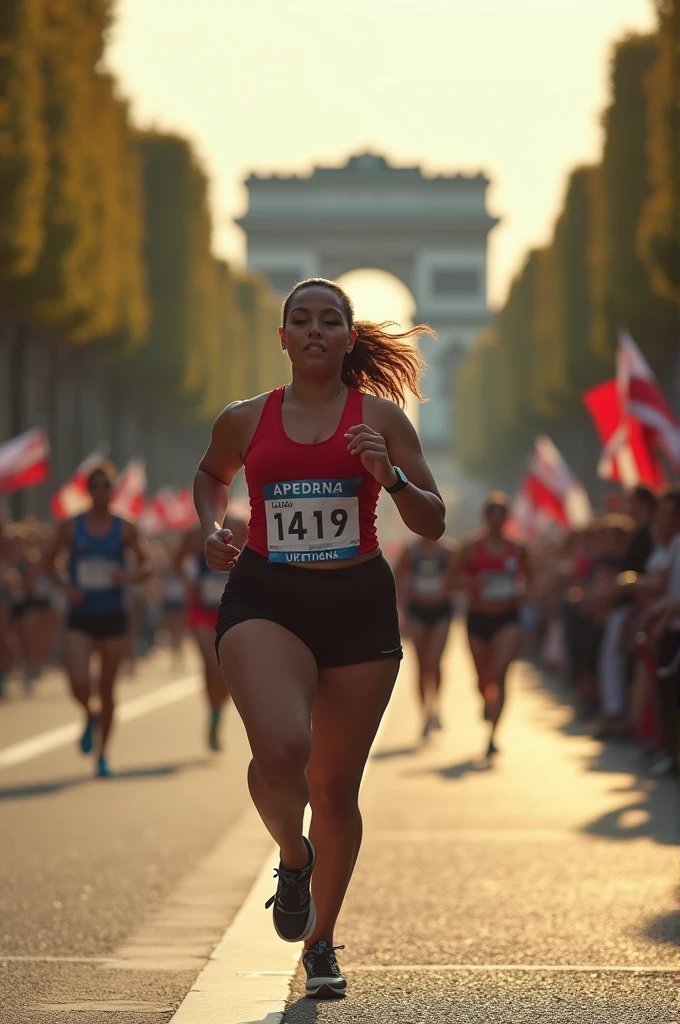 fat Olympic athlete,drone photography,professional camera angle,Olympic athlete,sweaty skin,fat females Olympic marathon race,with a large breasts, big breasts!, thicc,alluring plus sized model, fat voluptuous body,fat women marathon race on Champs Elysées paris city