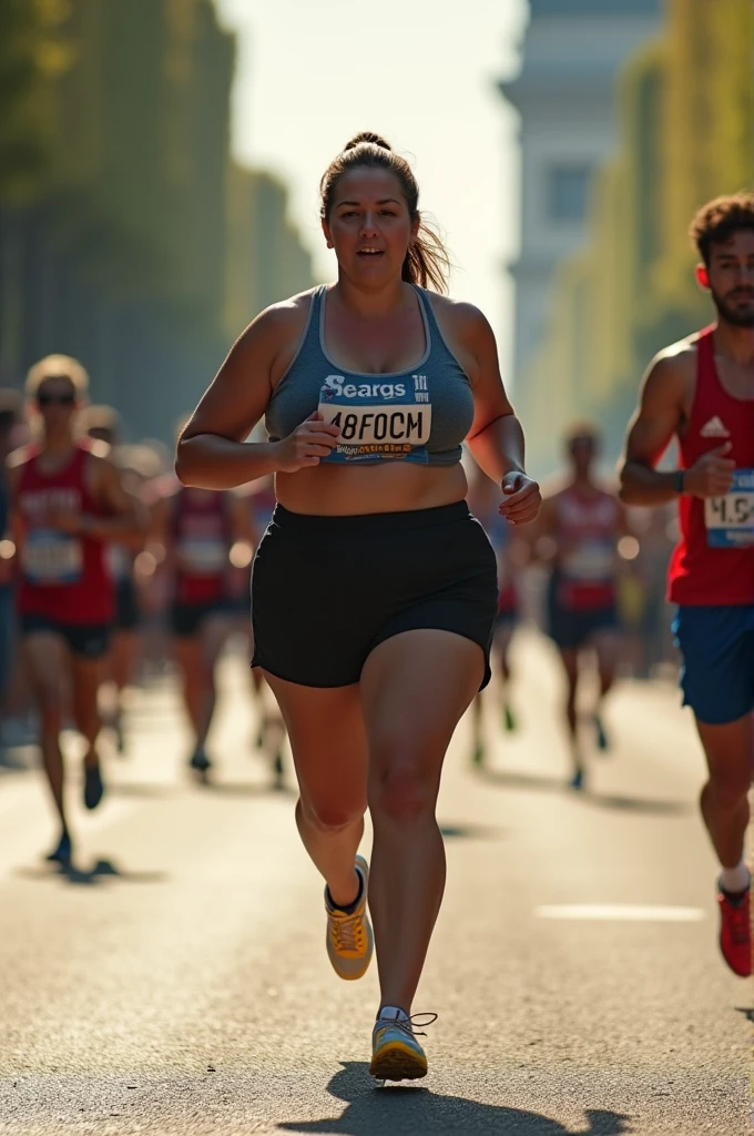 fat Olympic athlete,drone photography,professional camera angle,Olympic athlete,sweaty skin,fat females Olympic marathon race,with a large breasts, big breasts!, thicc,alluring plus sized model, fat voluptuous body,fat women marathon race on Champs Elysées paris city