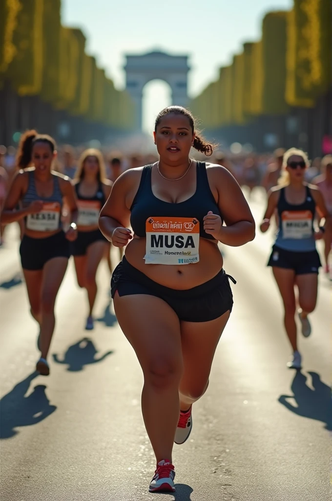 fat Olympic athlete,drone photography,professional camera angle,Olympic athlete,sweaty skin,fat females Olympic marathon race,with a large breasts, big breasts!, thicc,alluring plus sized model, fat voluptuous body,fat women marathon race on Champs Elysées paris city