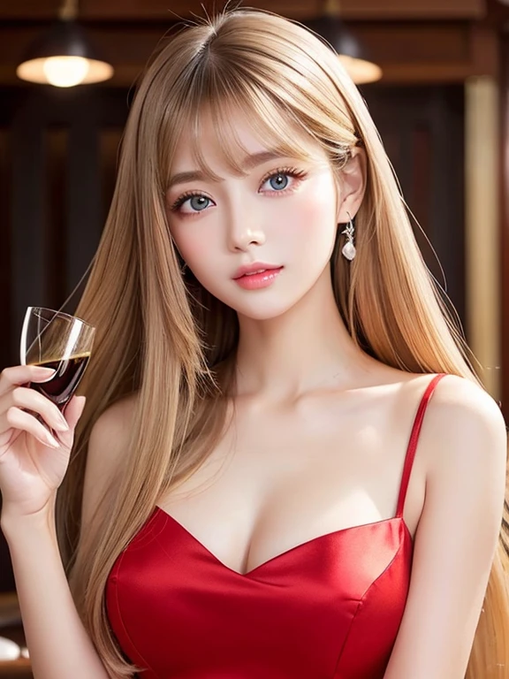Clear, Glossy skin like white porcelain、Wind hair gets in the way in front of cute face、15 year old cute sexy tiny beautiful face and big breasts、Shining, Very beautiful bright bright blonde straight hair dancing in front of a cute beautiful face、hostess,Wearing a red dress,Silky long bangs that cover the eyes、Ultra-long straight hair that is too long、Pale marine blue eyes glow、glowy skin、Gloss Face、Teak Gloss、eye liner、big eye、Pretty Face、Small face beauty、The background is inside the lounge,A champagne glass in one hand