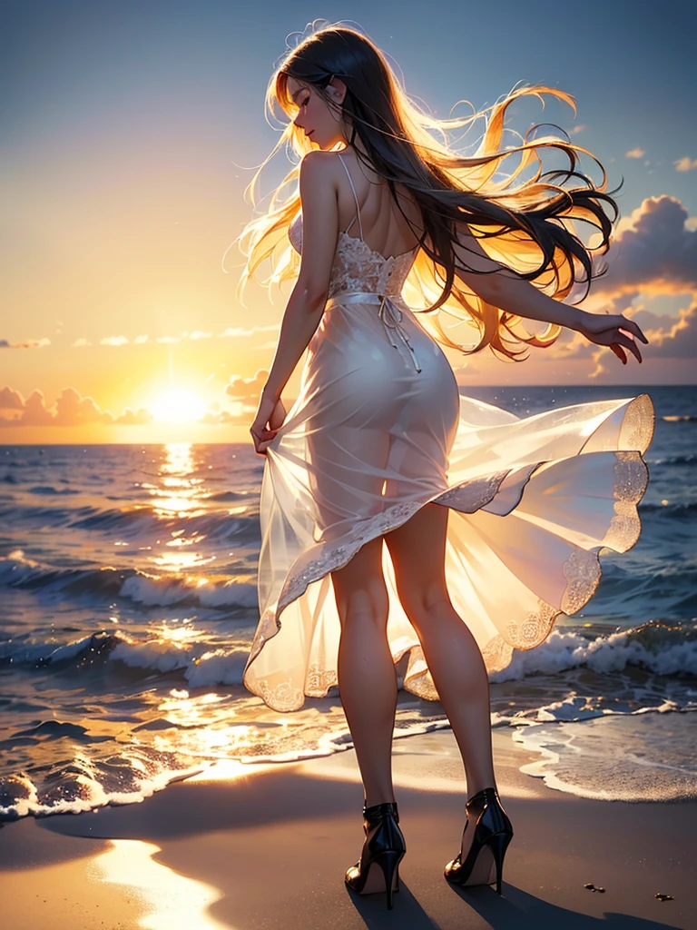 (realistic photo:1.37), Summer sea evening sunset, Sunset overlap the person, The sunset is reflected on the sea surface, (Dazzling sunset:1.4, beautiful evening sunset:1.3), (2 womens, Back view of two women on the beach), (((Holding hands and looking beyond the horizon))), (Lens Ghosting:1.5, lens flare:1.2, Octagon-shaped lens ghost), Fiery Horizon, (Silky platinum blonde Hair:1.2), (The other one woman ultra Shiny straight black hair:1.3), ((Natural backlighting:1.4)), ((one woman wears lace tiered mini skirt and sheer white Summer clothes)), ((The other one woman wears a sheer tulle skirt and Sheer Summer Dresses)), ((full body view:1.2)), Slightly slimmer body, Realistic Skin, Slightly large butt, high heels,
BREAK. masterpiece, ultra high resolution, high definition RAW photograph, Highly detailed CG, best quality, 4K, perfect anatomy, perfect proportions, Romantic Landscape, Sparkling sea, Accurate limbs, Back blur, Hand details, finger details, light leaks, erotic body