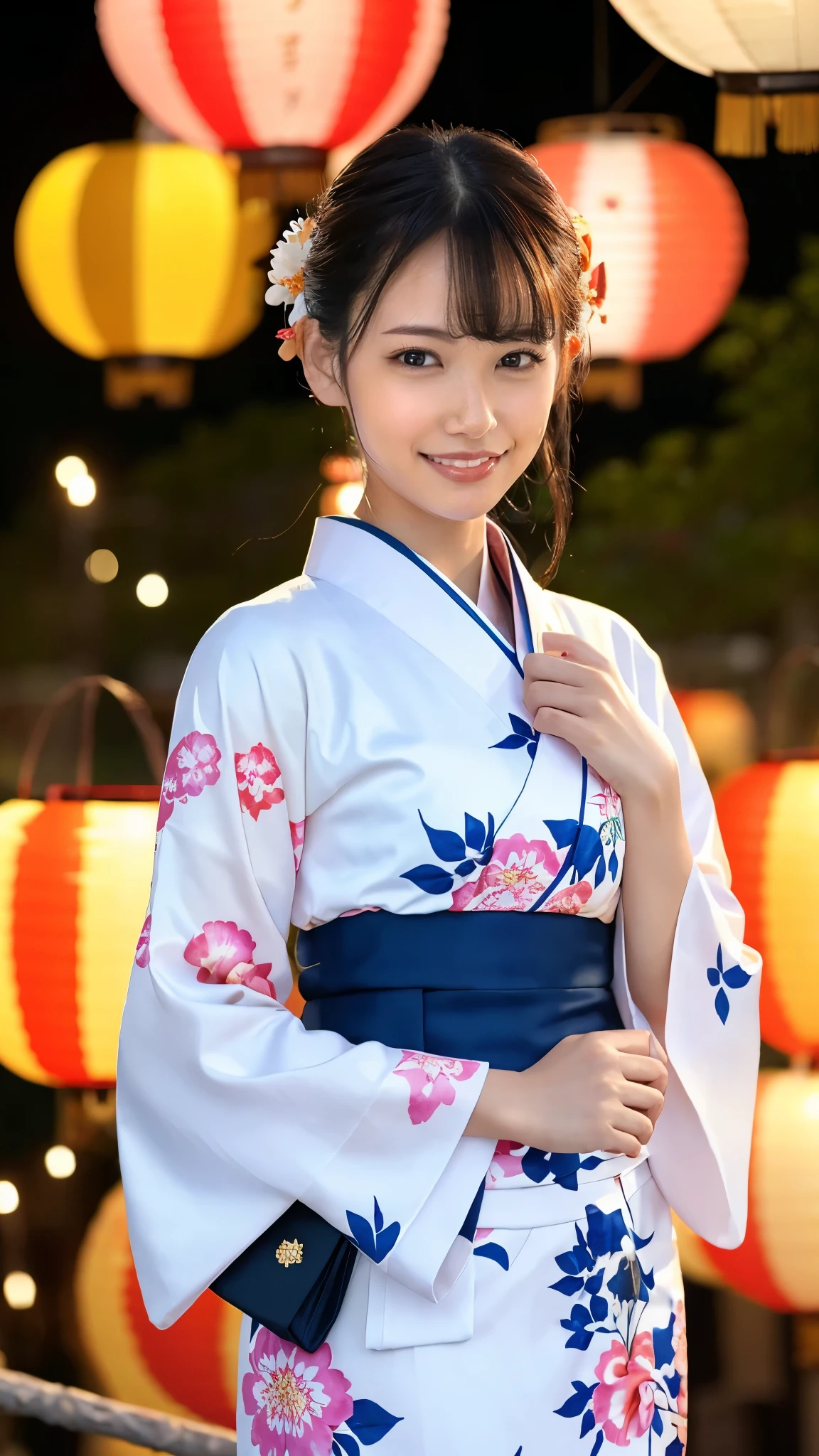 (Highest quality、Tabletop、8k、Best image quality、Award-winning works)、One pretty woman、(Elegant floral kimono:1.2)、(Perfect kimono:1.3)、Perfect mature woman portrait photo、Glowing Skin、Standing Elegantly、(Grand and beautiful fireworks background:1.3)、(Perfect summer festival background:1.2)、Glowing White Skin、Very white skin、(The most graceful posture:1.1)、Perfect beautiful glossy lips、(Accurate anatomy:1.1)、(A perfect and elegant outfit:1.1)、(Front facing body:1.2)、(Chignon:1.1)、(Regularly decorated summer festival lanterns:1.2)、(Depth of regularly decorated lanterns:1.1)、(The most moody and romantic:1.1)、Spectacular Cinema Lighting、(Tyndall effect:1.1)