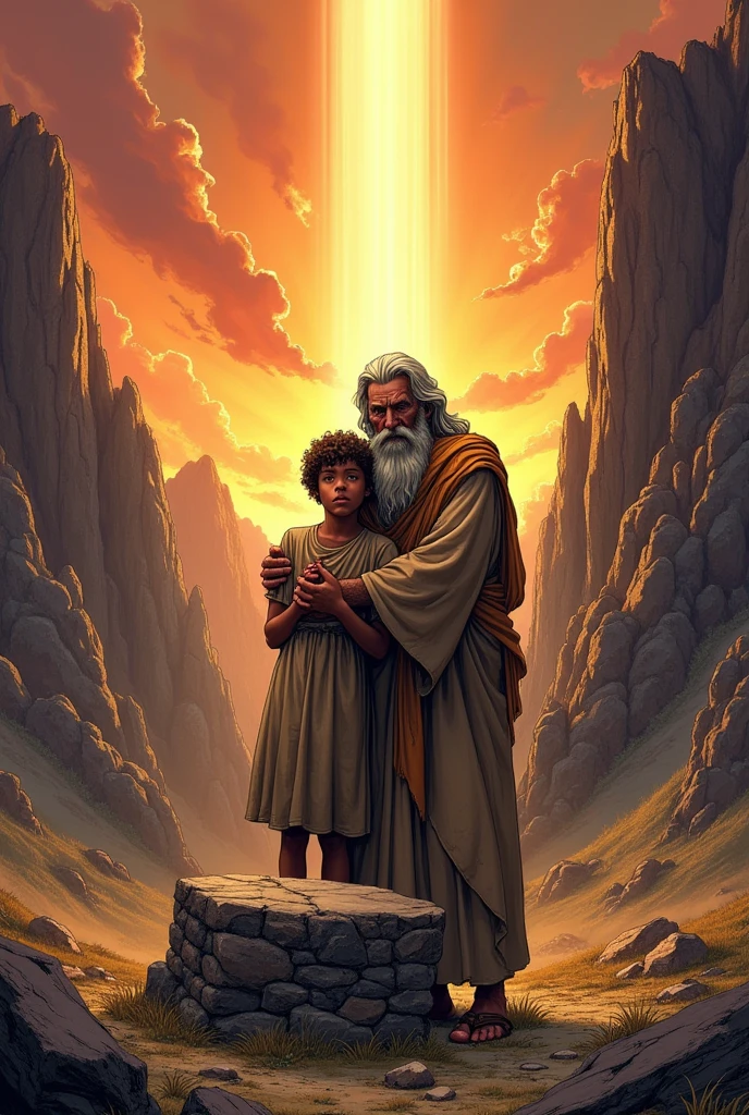 Create a comic based on the story of Abraham, when he sacrifices Isaac Isaac on a stone altar being embraced by Abraham under the gaze of the presence