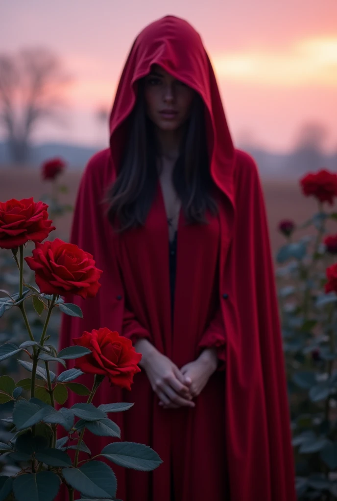 A woman wearing a red hooded cloak, that doesn't show the face. Red roses around