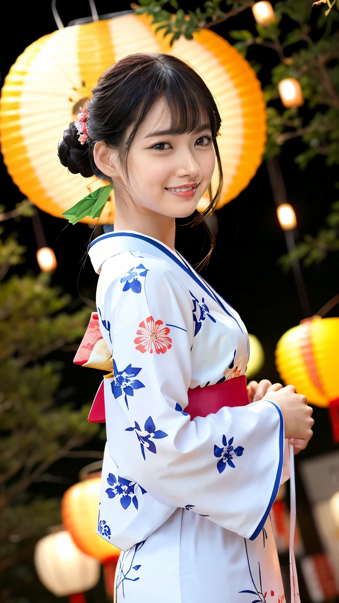 (Highest quality、Tabletop、8k、Best image quality、Award-winning works)、One pretty woman、(Elegant floral kimono:1.2)、(Perfect kimono:1.3)、Perfect mature woman portrait photo、Glowing Skin、Standing Elegantly、(Grand and beautiful fireworks background:1.3)、(Perfect summer festival background:1.2)、Glowing White Skin、Very white skin、(The most graceful posture:1.1)、Perfect beautiful glossy lips、(Accurate anatomy:1.1)、(A perfect and elegant outfit:1.1)、(Front facing body:1.2)、(Chignon:1.1)、(Regularly decorated summer festival lanterns:1.2)、(Depth of regularly decorated lanterns:1.1)、(The most moody and romantic:1.1)、Spectacular Cinema Lighting、(Tyndall effect:1.1)