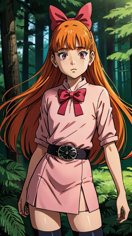 (Teens:1girl: blossom), (extremely detailed CG unit 8k wallpaper),(master part), (best quality), (ultra detail), (best illustration),(GHIBLI_Background), cowboy shot, (Sharp eyeliner, ombre, detailed eyes:1), forest, outdoor, ,break , (Pluto Anime Style (Naoki urasawa)), upper body, orange hair, long hair, blunt bangs, pink eyes)
(bow, dress, belt, thighhighs,