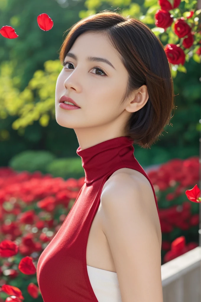 araffe woman in a red shirt posing for a photo, elegant glamor pose, elegant pose, doing an elegant pose, Asian, Japanese woman, boobies, neckleace, tattoo on right arm, blue eye makeup, outlined, shorth hair, Bblack hair, detailed hair