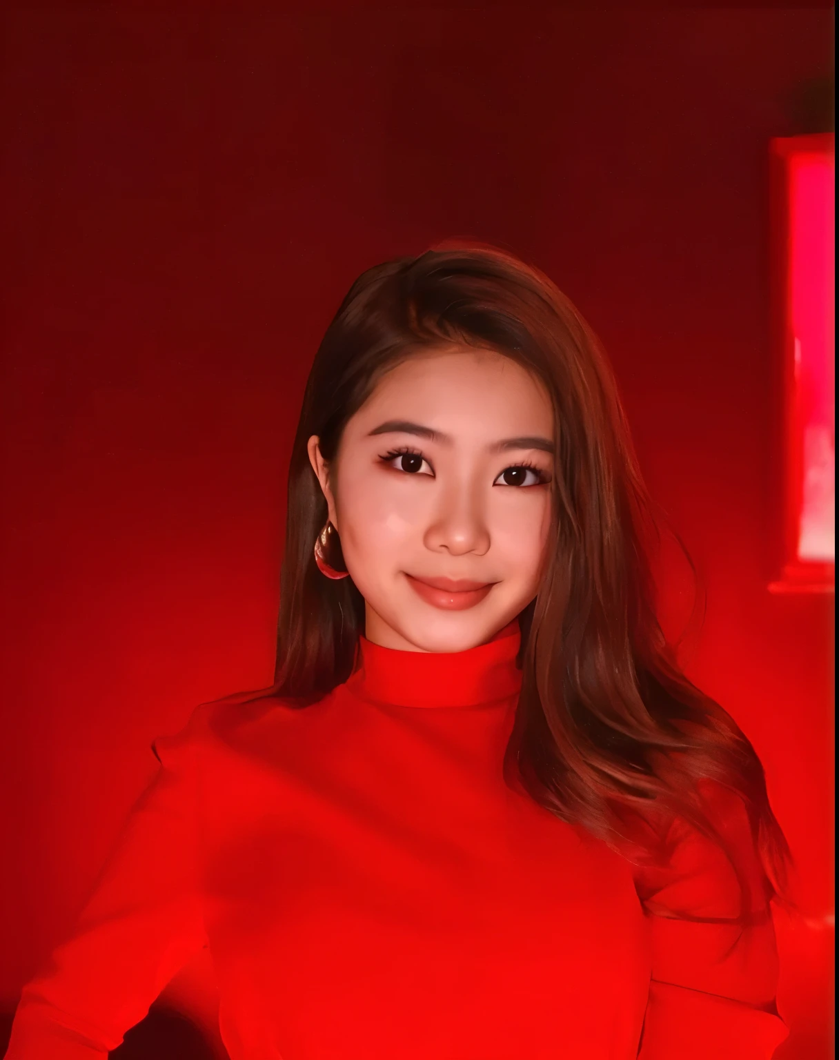 Cute asian girl wearing glasses, red dress, smiling long hair