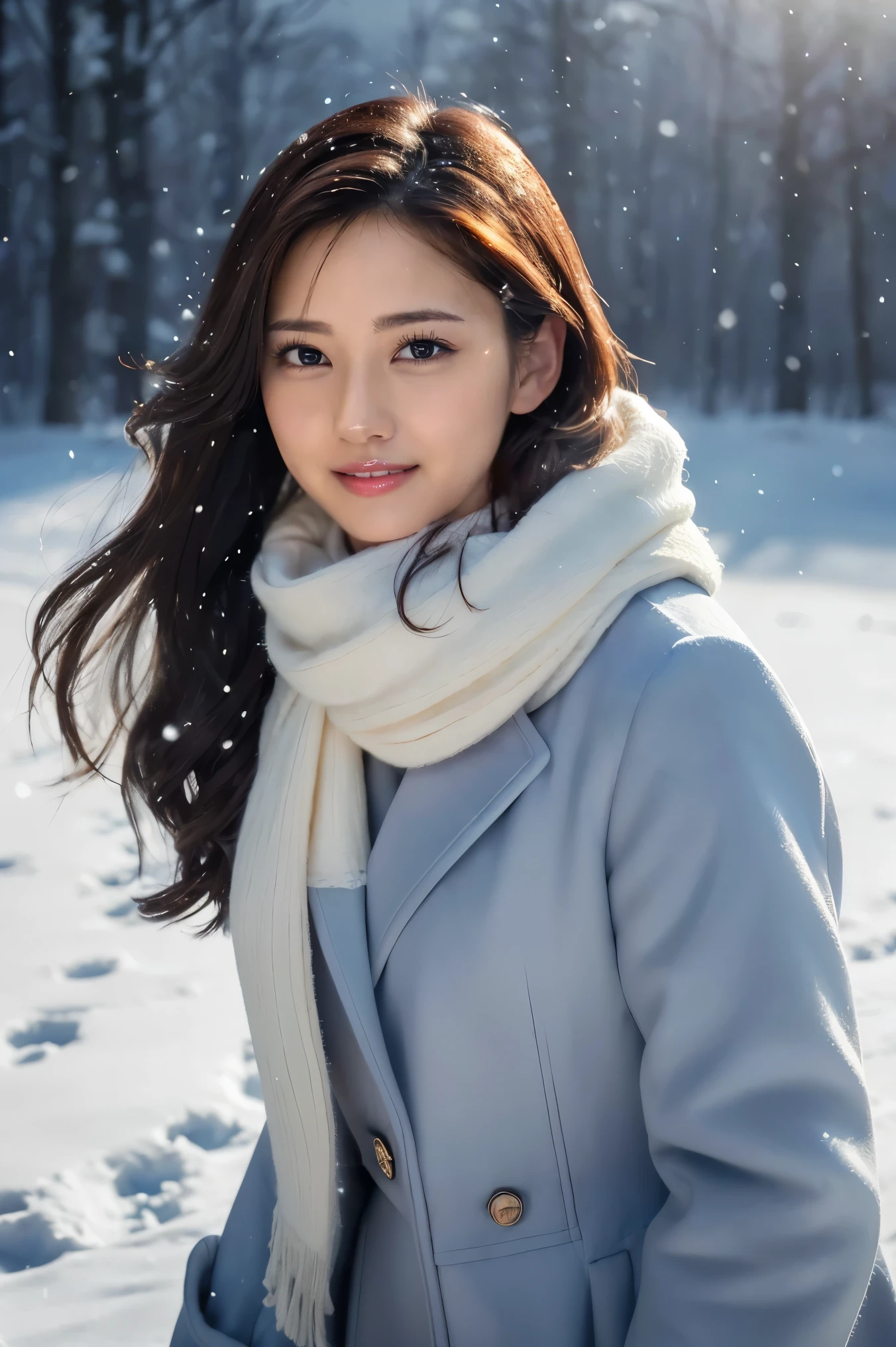 (Highest quality、masterpiece、8k、Best image quality、Hyperrealism、Award-winning works)、1 person、(Elegant thick winter coat:1.2)、(The perfect scarf:1.1)、Soft and delicate light、Dramatic indirect lighting、The biggest smile looks at me、Sparkling fine snow、Beautiful snow reflecting light、Diamond dust、(Tyndall effect:1.2)、(The most romantic and moody warm lighting:1.2)、it's snowing、Accurate anatomy、(Face close-up:1.5)、Beautiful glossy lipstick, Natural Color、Natural Makeup、Glossy Lips、Ultra HD glossy skin、ultra high definition radiation, Beautiful Skin、Milky white moisturized skin、Beautiful Skin glow、超高精細のGlossy Lips、Ultra-high definition sparkling eyes、Beautiful perfect teeth in super high resolution、Please smile widely and show your beautiful teeth.