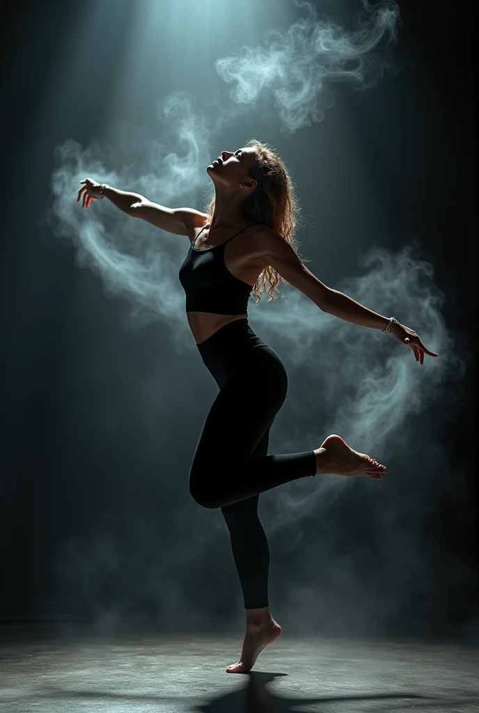 Dancing in a wide, sweeping arc, the solo performer’s movements are fluid and expansive. Her black tank top and leggings create a seamless flow against the void black wall. Smoke effects add an ethereal quality, enveloping her like a mist. The lighting is a mix of midtones and sharp highlights, catching every twist and turn of her body. The background is softened by the smoke, emphasizing the dancer’s dynamic range. The scene is evocative of freedom and expressive artistry, mirroring Jennifer Lopez's style. Realistic and highly detailed shot of a solo dancer with natural bun hair in a black tank top and leggings, captured in HDR and UHD in a studio with a void black wall and immersive smoke effects.