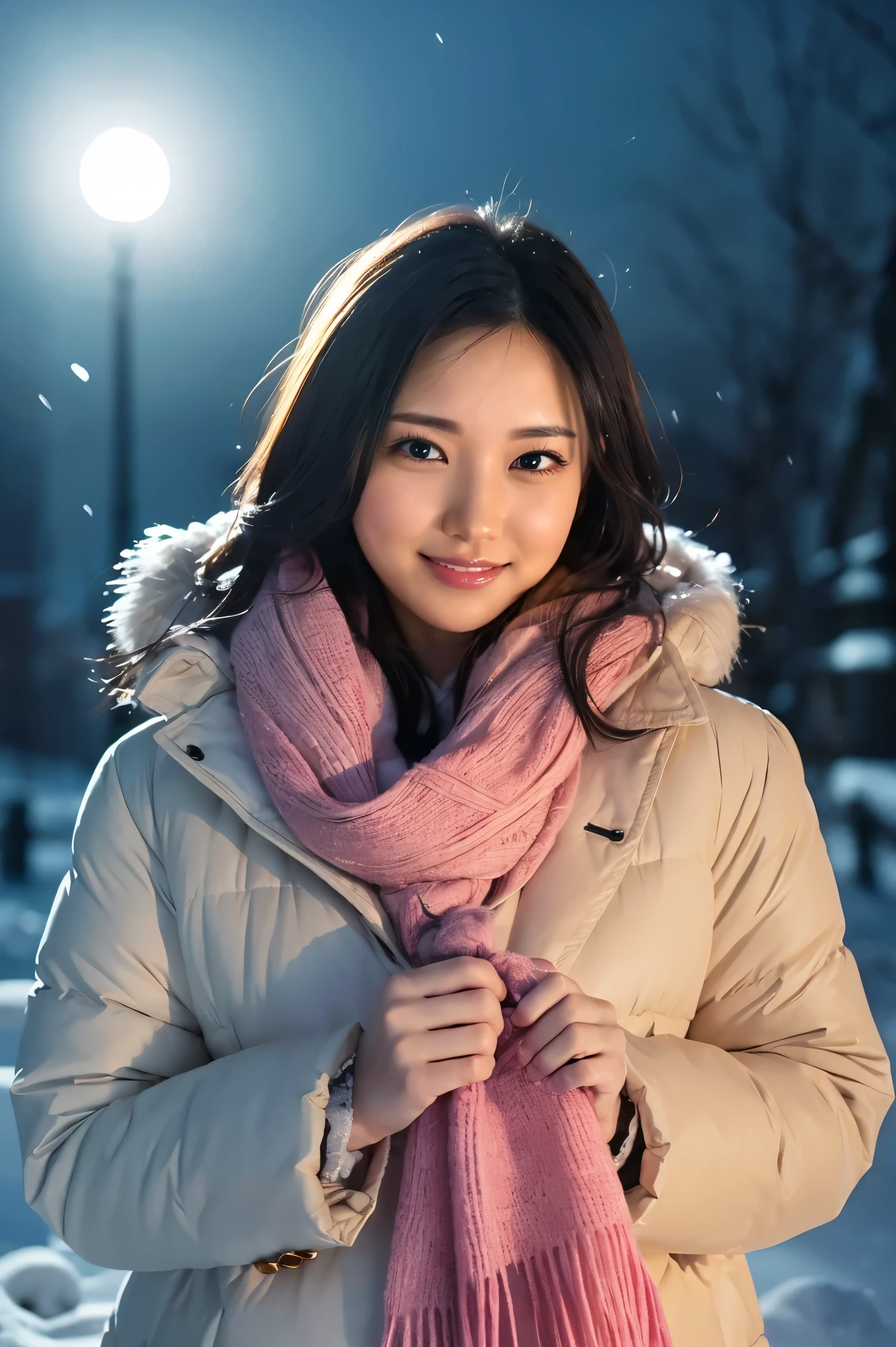 (Highest quality、masterpiece、8k、Best image quality、Hyperrealism、Award-winning works)、1 person、(Elegant thick winter coat:1.2)、(The perfect pink scarf:1.1)、Soft and delicate light、Dramatic indirect lighting、Romantic snowy night city、Beautiful night view of a snowy city、The biggest smile looks at me、Sparkling fine snow、Beautiful snow reflecting light、Diamond dust、(Tyndall effect:1.2)、(The most romantic and moody warm lighting:1.2)、Beautiful snowy scenery、(it's snowing:1.1)、Accurate anatomy、(Face close-up:1.5)、Beautiful glossy lipstick, Natural Color、Natural Makeup、Glossy Lips、Ultra HD glossy skin、ultra high definition radiation, Beautiful Skin、Milky white moisturized skin、Beautiful Skin glow、超高精細のGlossy Lips、Ultra-high definition sparkling eyes、Beautiful perfect teeth in super high resolution、Please smile widely and show your beautiful teeth.