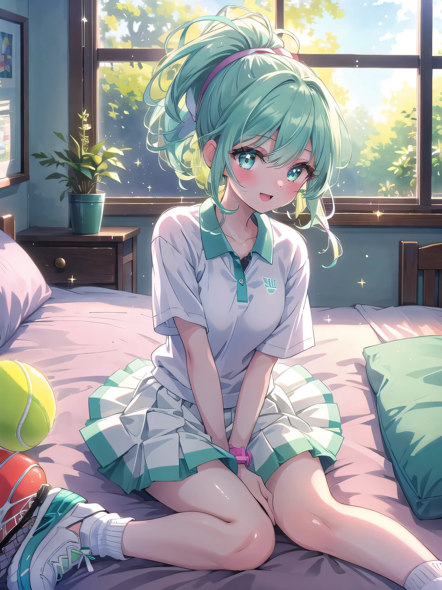 ((8k, Highest quality, masterpiece: 1.3)),Ultra-high resolution,(1 girl, alone), (Color changing eyes, Ultra-detailed, Expressive brilliance, Glitter, Glowing Eyes), Highly detailed eyes, Highly detailed face, Random Hair, ((pastel colour)),A cheerful young woman with pastel mint-green hair styled into a high ponytail, sitting on the edge of her bed in her sunlit bedroom during a bright afternoon. She is dressed in a cute yet subtly sexy tennis player cosplay, wearing a pleated white skirt, a fitted polo shirt, and a sweatband on her wrist. The camera captures her from a frontal angle as she playfully swings a tennis racket, her expression full of energy and joy. The room is filled with warm sunlight, with a tennis bag resting beside the bed, a few scattered tennis balls, and a vibrant, sporty atmosphere, (nsfw:1.2)