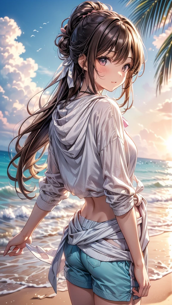 (highest quality, masterpiece, Very detailed, Very detailed, Exquisite, 16k,Full HD),(character: Anime style female and male couple),(Features: The woman has brown hair in a loose bun.、Men have brown hair tied in a ponytail、Both have dark eyes and soft smiles),(Glossy appearance,Big Breasts,Long eyelashes,Beautiful and cute eyes,White skin,slim,pale pink plump lips,Pale pink cheeks,thin and high nose,Small Nose),(clothing: Women wear bikinis with sleeves and shorts.、Wearing a hoodie around her waist,The man is wearing a T-shirt and shorts.、Active and boyish style),(background: At the beach in the sunlight、They are splashing water on each other while having fun.),(others: Bright sunlight pours down from the sky、backgroundには犬が走っている),(Low - Angle),