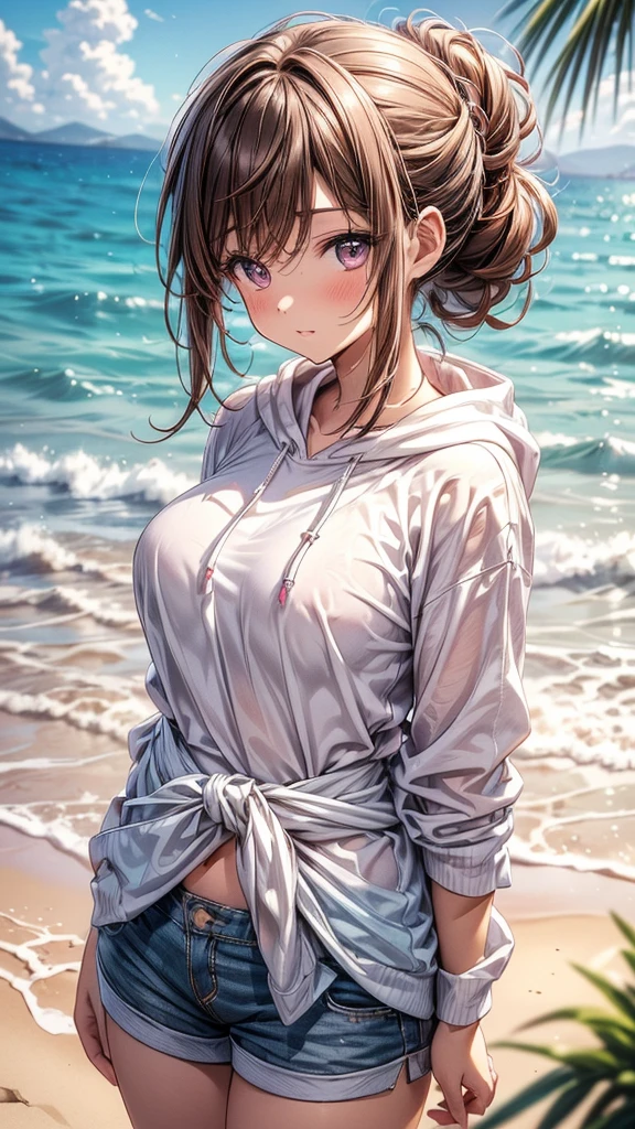(highest quality, masterpiece, Very detailed, Very detailed, Exquisite, 16k,Full HD),(character: Anime style female and male couple),(Features: The woman has brown hair in a loose bun.、Men have brown hair tied in a ponytail、Both have dark eyes and soft smiles),(Glossy appearance,Big Breasts,Long eyelashes,Beautiful and cute eyes,White skin,slim,pale pink plump lips,Pale pink cheeks,thin and high nose,Small Nose),(clothing: Women wear bikinis with sleeves and shorts.、Wearing a hoodie around her waist,The man is wearing a T-shirt and shorts.、Active and boyish style),(background: At the beach in the sunlight、They are splashing water on each other while having fun.),(others: Bright sunlight pours down from the sky、backgroundには犬が走っている),(Low - Angle),