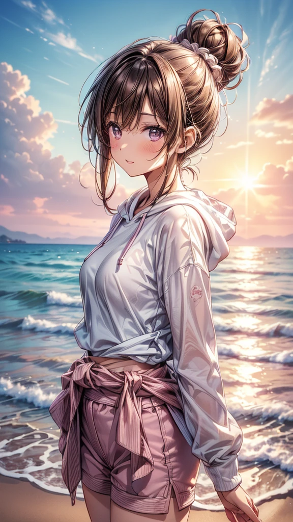 (highest quality, masterpiece, Very detailed, Very detailed, Exquisite, 16k,Full HD),(character: Anime style female and male couple),(Features: The woman has brown hair in a loose bun.、Men have brown hair tied in a ponytail、Both have dark eyes and soft smiles),(Glossy appearance,Big Breasts,Long eyelashes,Beautiful and cute eyes,White skin,slim,pale pink plump lips,Pale pink cheeks,thin and high nose,Small Nose),(clothing: Women wear bikinis with sleeves and shorts.、Wearing a hoodie around her waist,The man is wearing a T-shirt and shorts.、Active and boyish style),(background: At the beach in the sunlight、They are splashing water on each other while having fun.),(others: Bright sunlight pours down from the sky、backgroundには犬が走っている),(Low - Angle),