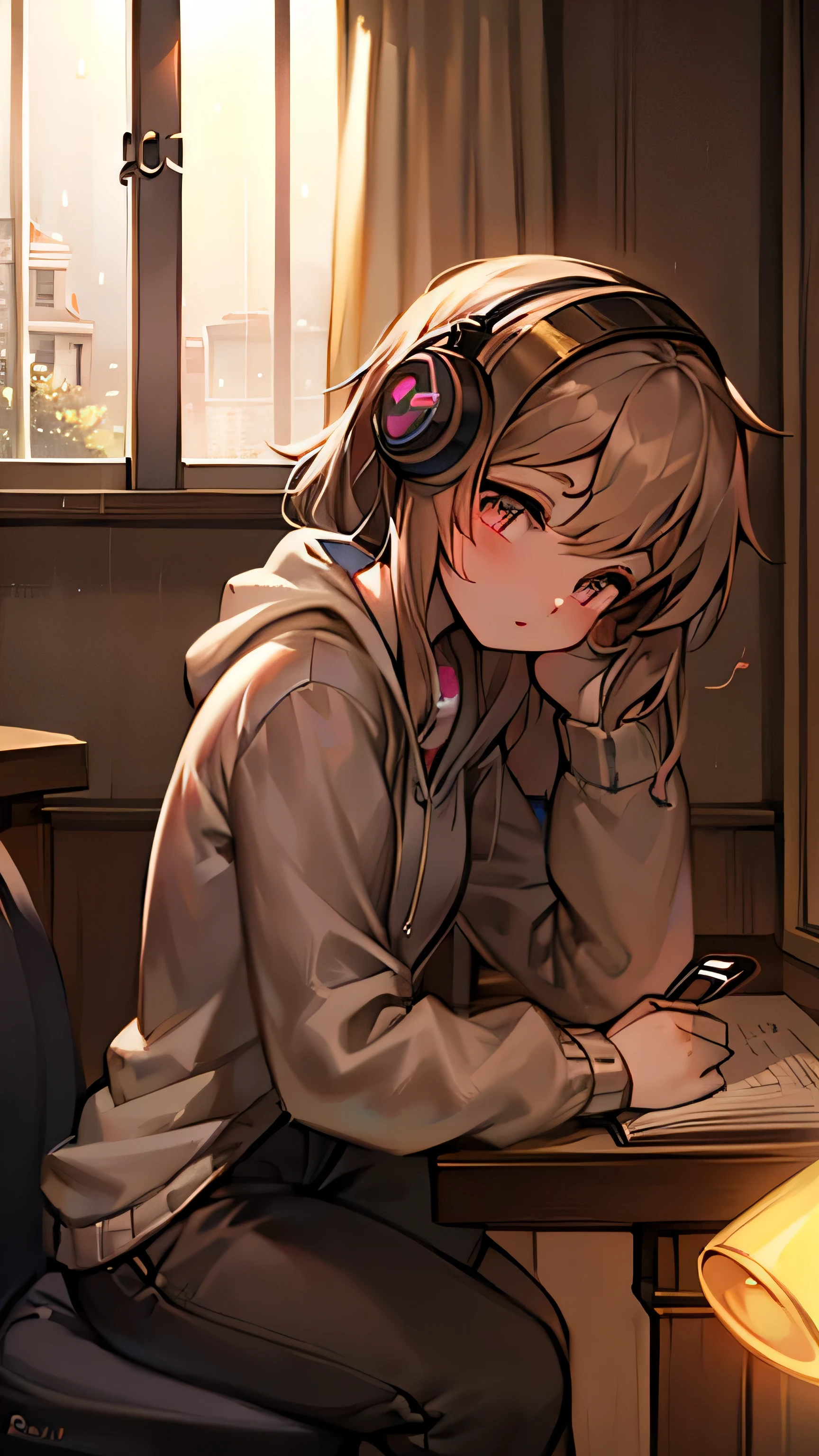 (extremely detailed fine touch:1.3), (((semi-rimless round eyewear:1.3))), (wear headphonesaround neck:1.0), short hair, blunt bangs, 1girl, 2.5d face, sitting on a sofa, oversized collared shirt, bare legs, extremely detailed living, morning, sunshine,