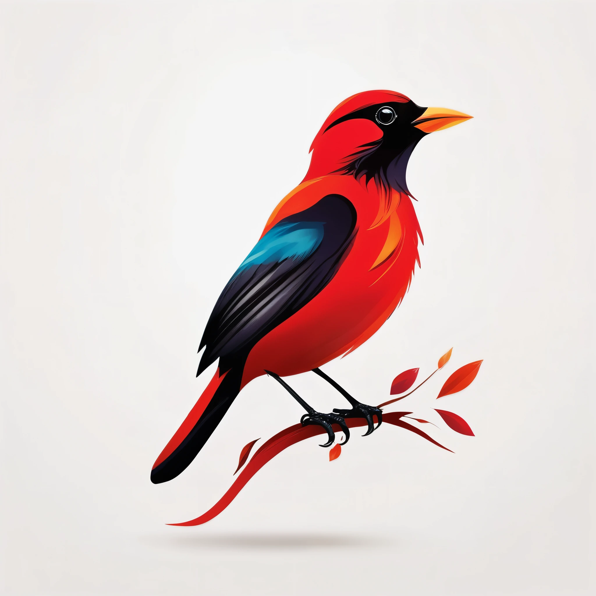 Paint a vibrant logo red bird with a bold black beak, set against a pristine white background to highlight its vivid colors and striking features