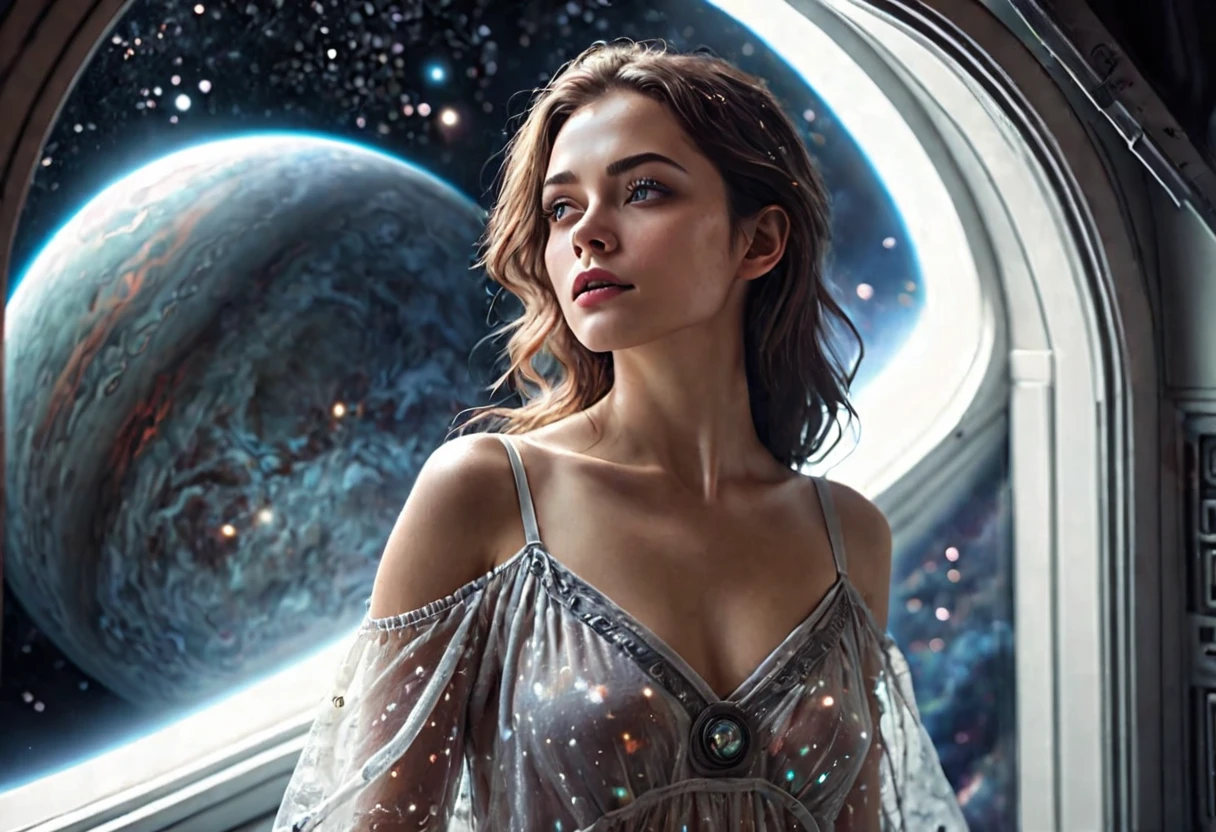 beautiful detailed eyes, beautiful detailed lips, extremely detailed eyes and face, longeyelashes, 1girl, beautiful woman, sheer nightgown, no underwear, sleepwalking, looking out starship window, ethereal cosmic beauty outside window, cinematic lighting, dramatic atmosphere, (best quality,4k,8k,highres,masterpiece:1.2),ultra-detailed,(realistic,photorealistic,photo-realistic:1.37), science fiction, dramatic lighting, moody lighting, deep space, stars, nebulas, planets