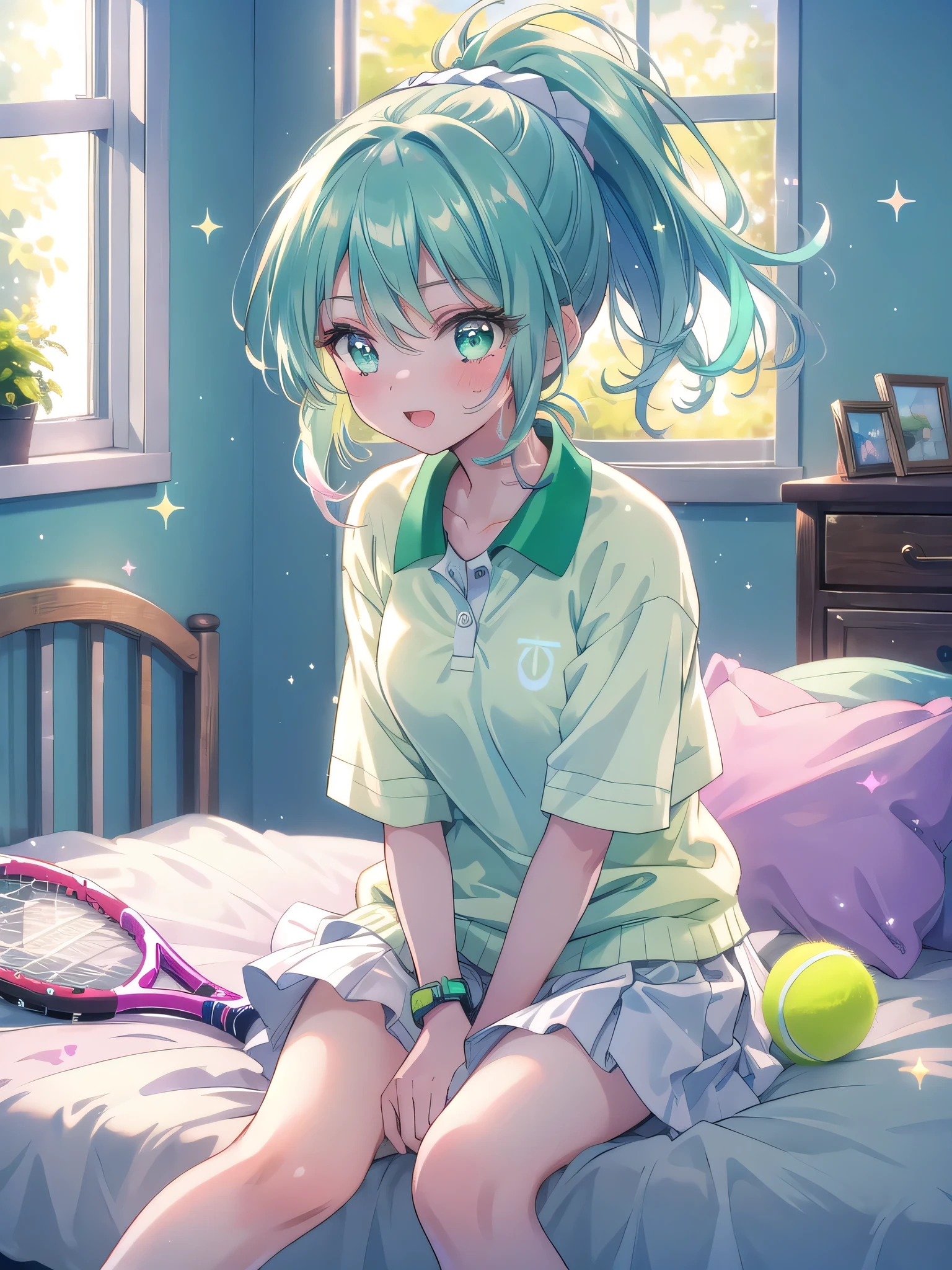 ((8k, Highest quality, masterpiece: 1.3)),Ultra-high resolution,(1 girl, alone), (Color changing eyes, Ultra-detailed, Expressive brilliance, Glitter, Glowing Eyes), Highly detailed eyes, Highly detailed face, Random Hair, ((pastel colour)),A cheerful young woman with pastel mint-green hair styled into a high ponytail, sitting on the edge of her bed in her sunlit bedroom during a bright afternoon. She is dressed in a cute yet subtly sexy tennis player cosplay, wearing a pleated white skirt, a fitted polo shirt, and a sweatband on her wrist. The camera captures her from a frontal angle as she playfully swings a tennis racket, her expression full of energy and joy. The room is filled with warm sunlight, with a tennis bag resting beside the bed, a few scattered tennis balls, and a vibrant, sporty atmosphere, (nsfw:1.2)

