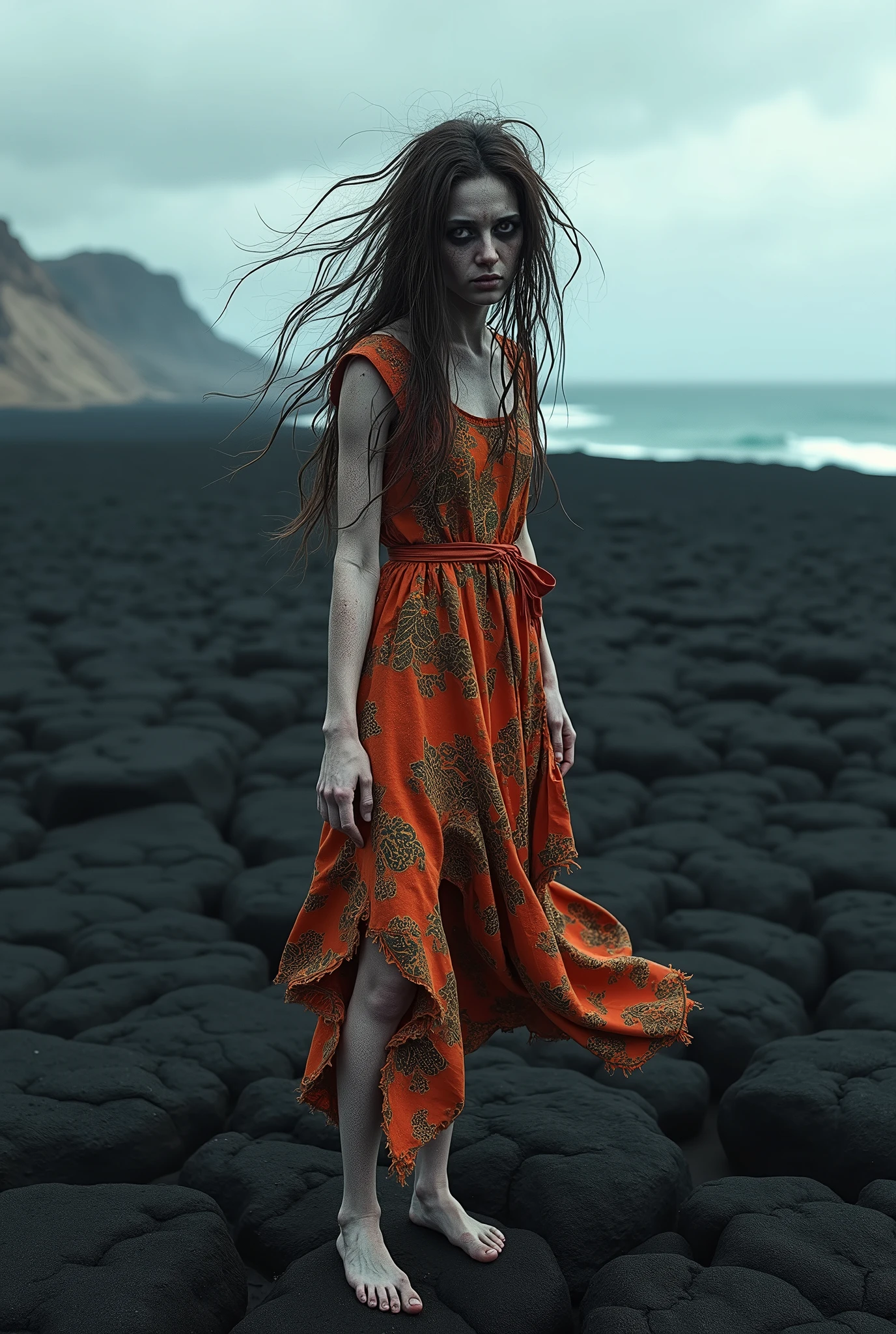 Create an eerie and haunting image of a female zombie in the Canary Islands. She wears a torn traditional Canarian dress, her skin pale and decayed. She stands amidst the volcanic landscape of Lanzarote, with black lava fields stretching out behind her under a moody, overcast sky. Her hair is windswept and tangled, moving with the island's strong winds, while the deep blue ocean is visible in the distance. The scene should evoke a sense of eerie beauty and desolation, capturing the unique atmosphere of the Canary Islands.
